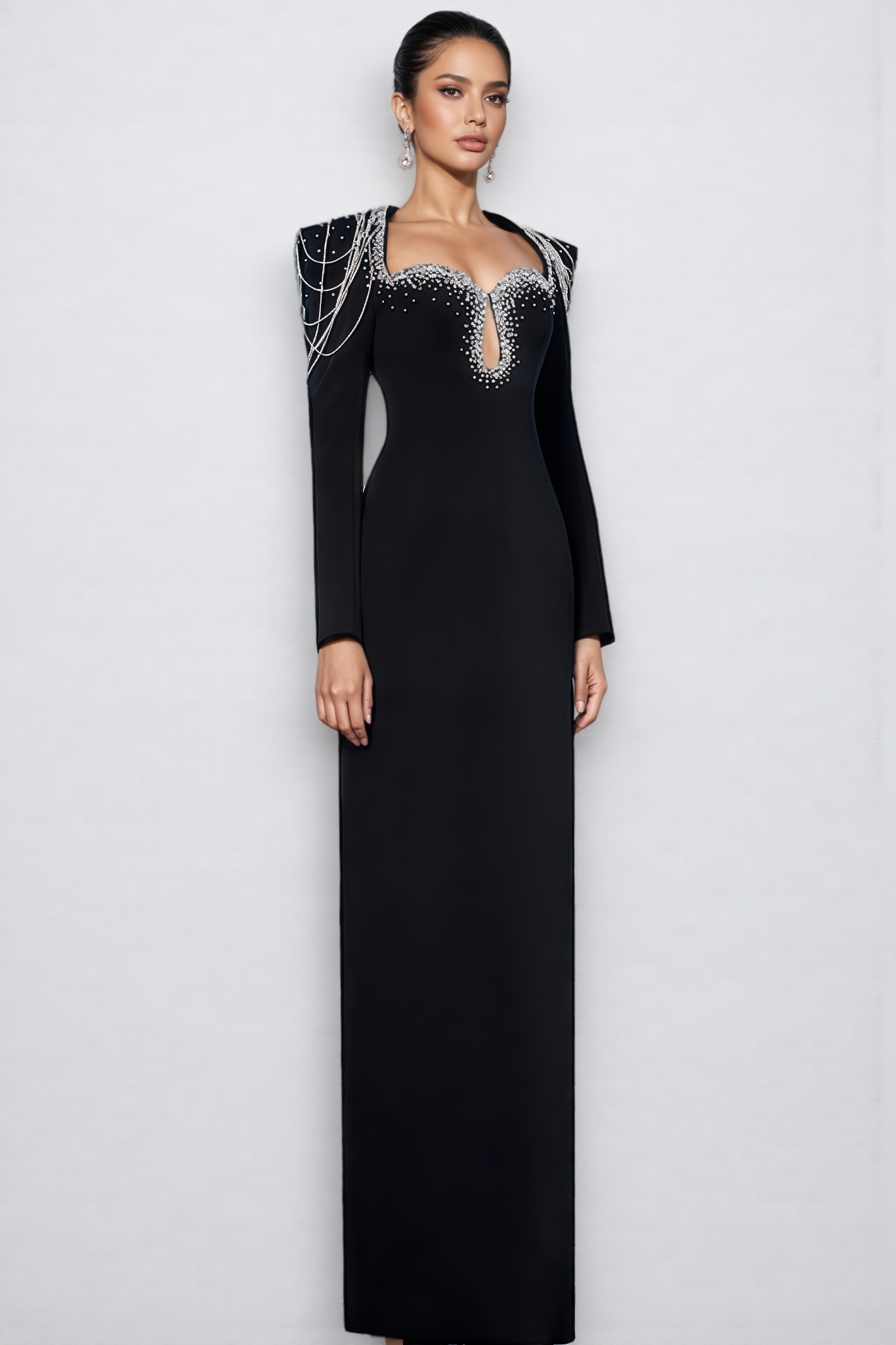 Tegany Black Crystal Strings Cut-Out Maxi Dress