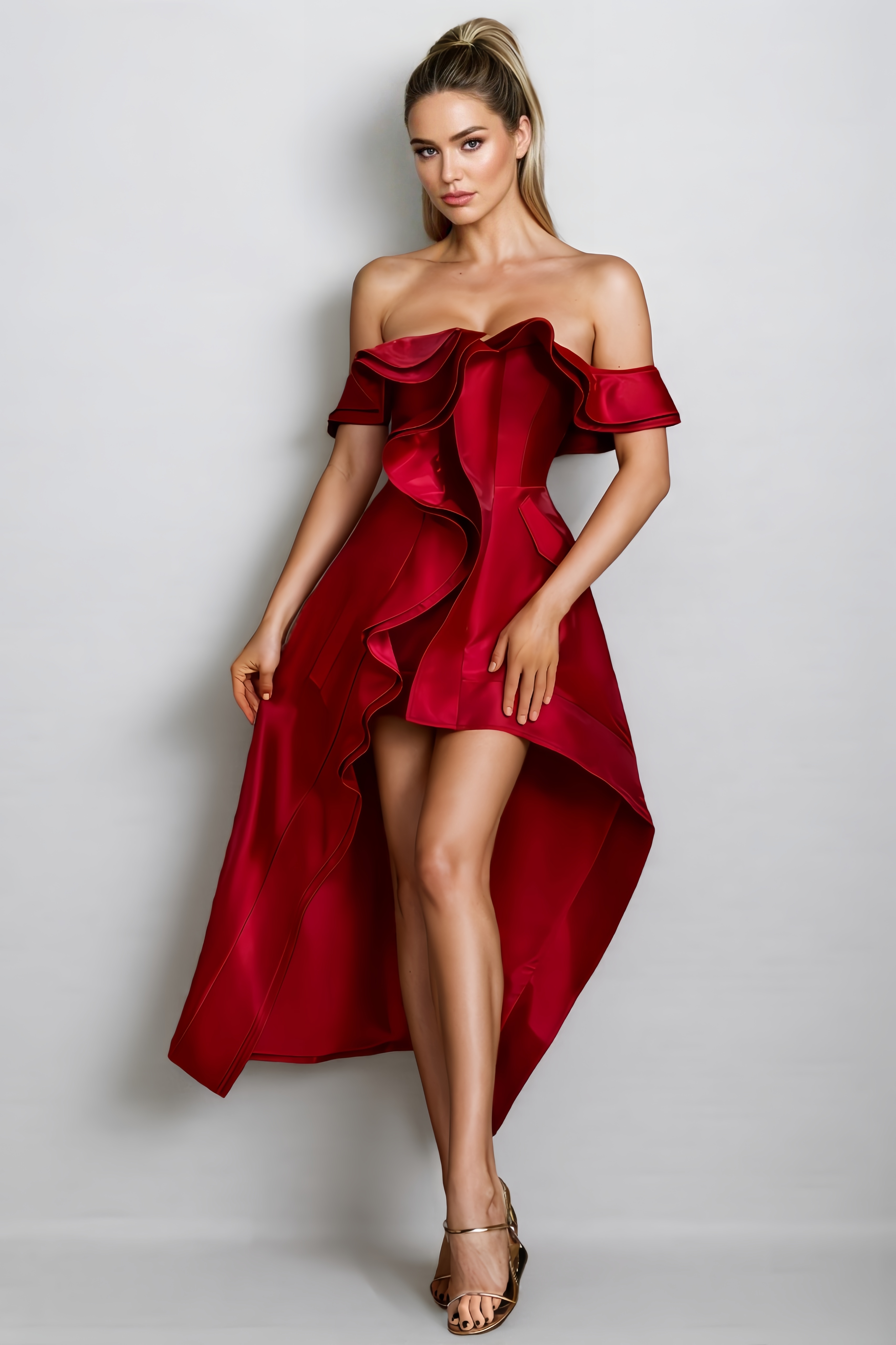 Macie Off Shoulder Asymmetric Midi Dress