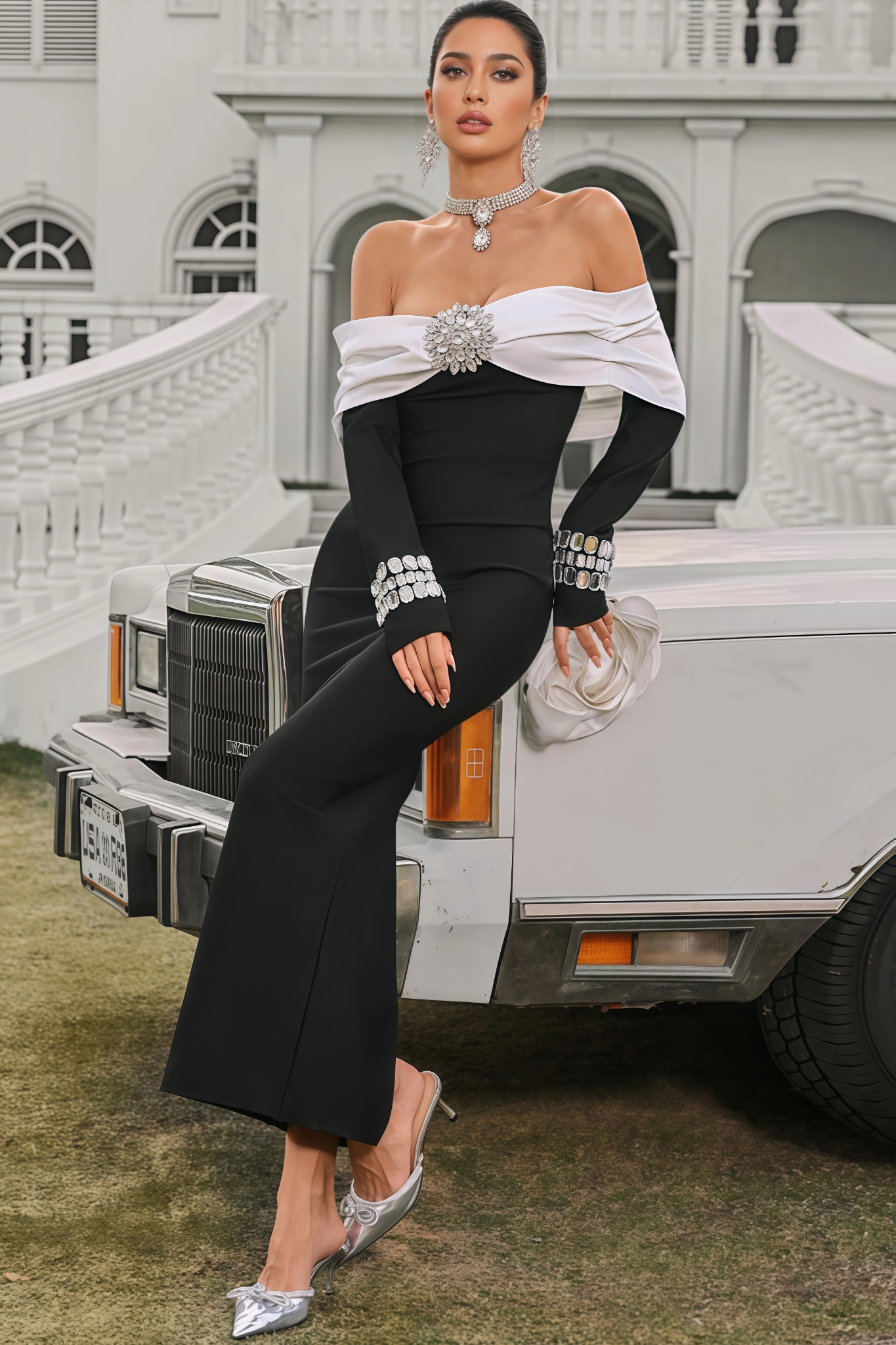 Orlekd Off Shoulder Crystal Bandage Maxi Dress