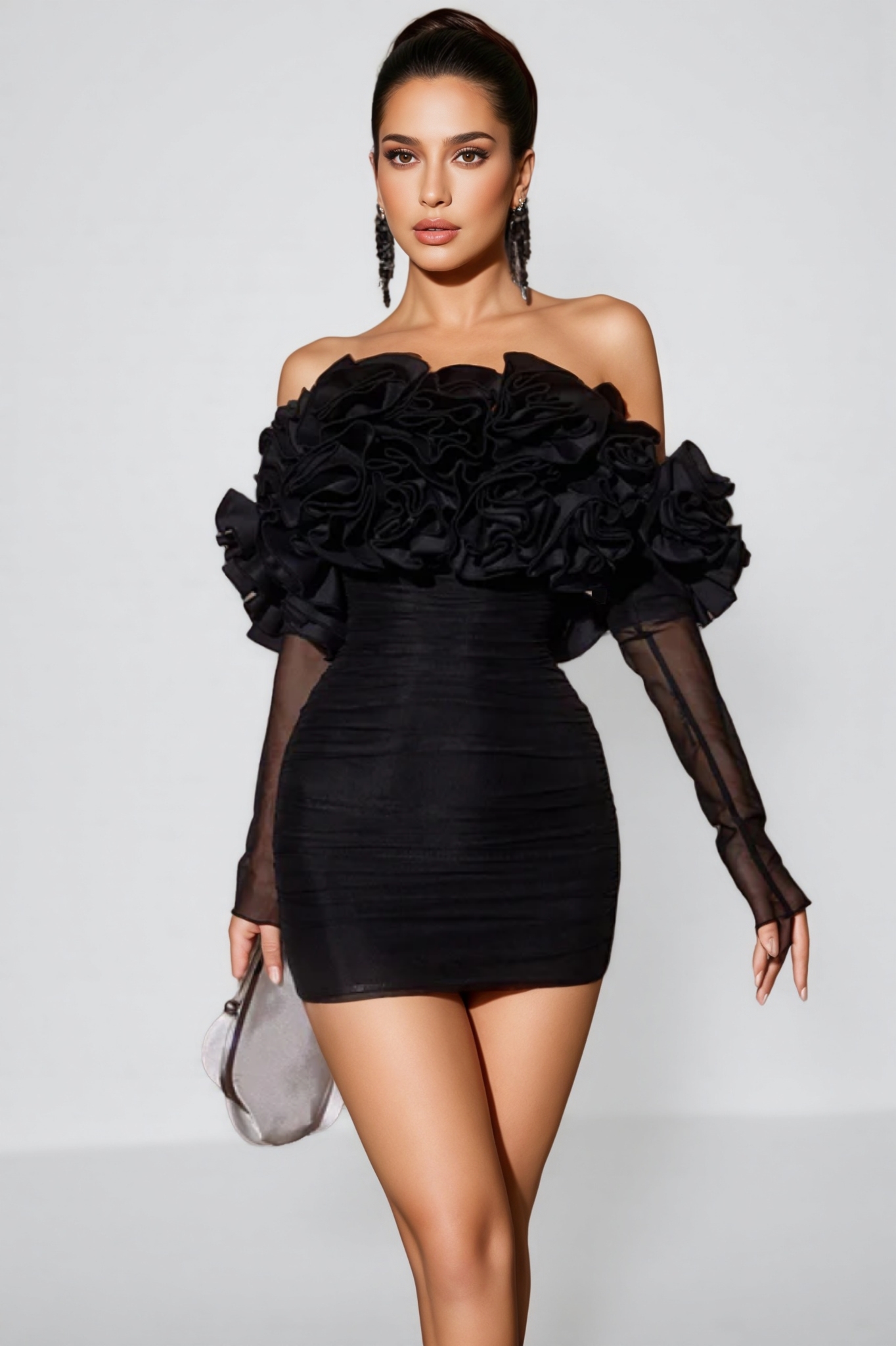 Inigo Off Sleeve Ruched Mesh Mini Dress