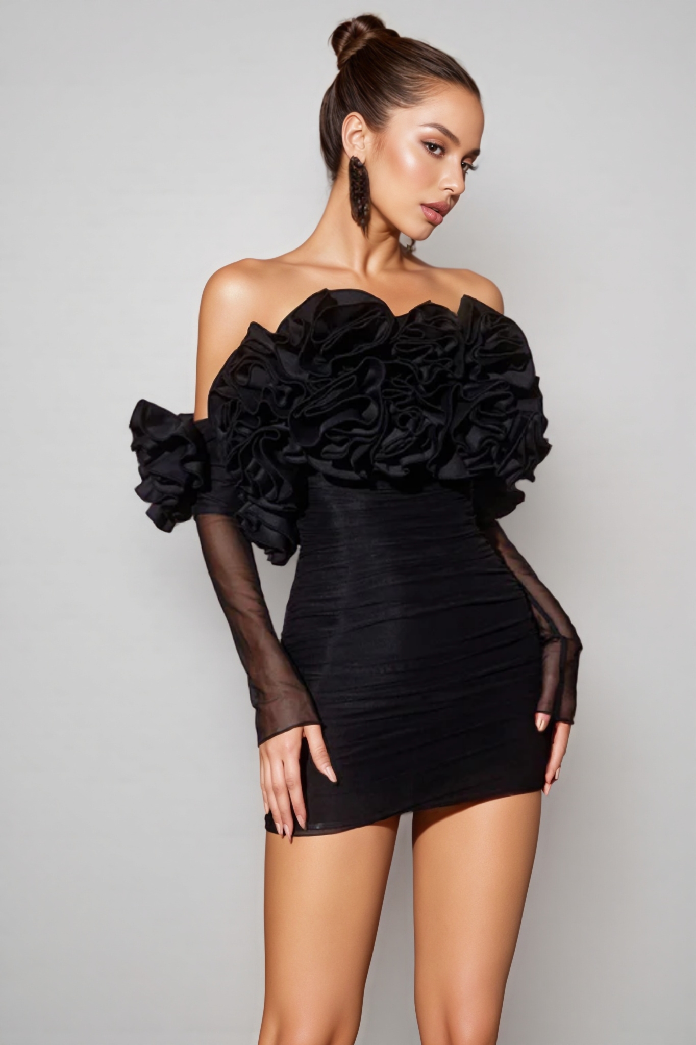 Inigo Off Sleeve Ruched Mesh Mini Dress