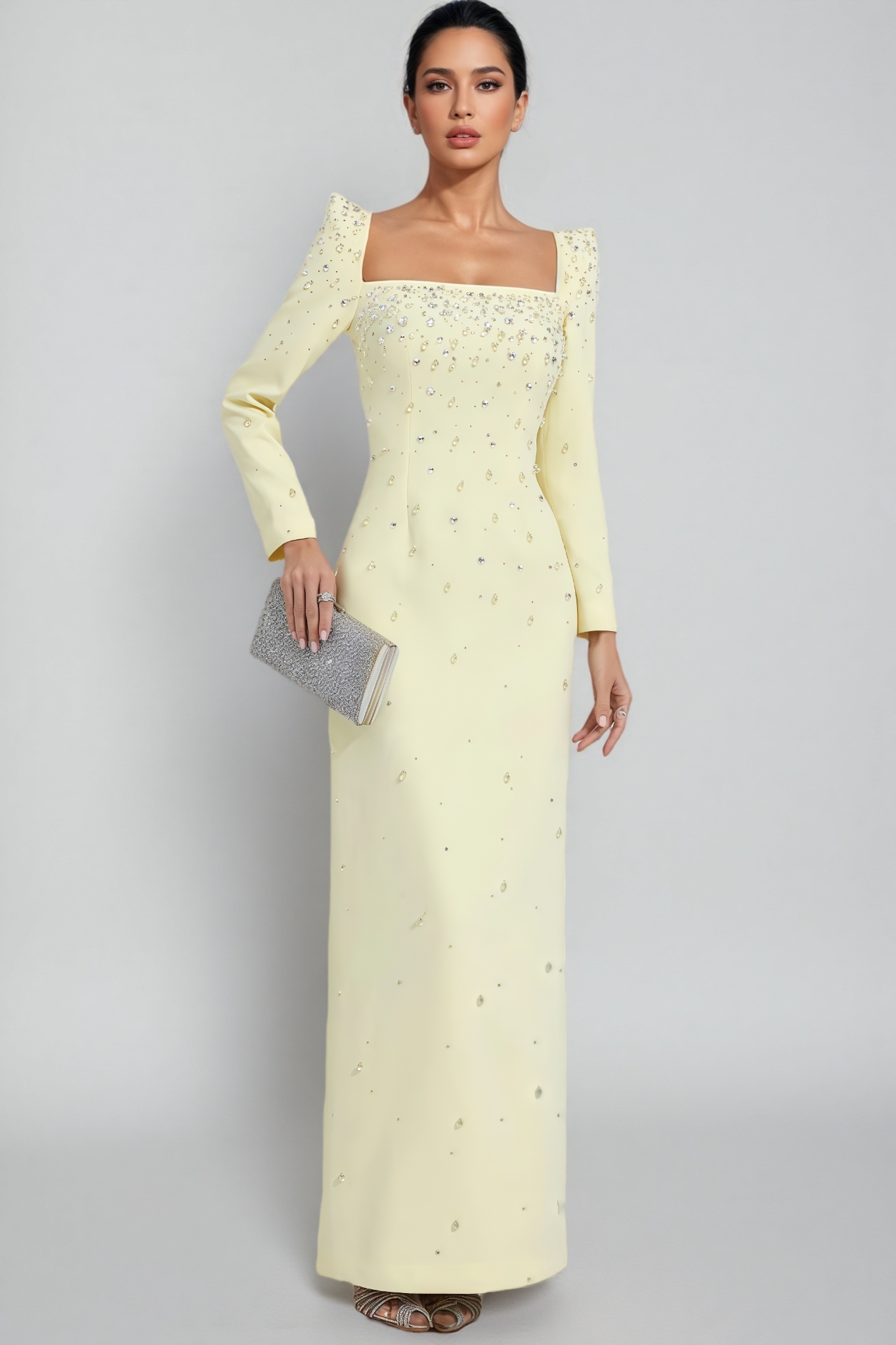 Thety Yellow Diamonds Beaded Maxi Dress 