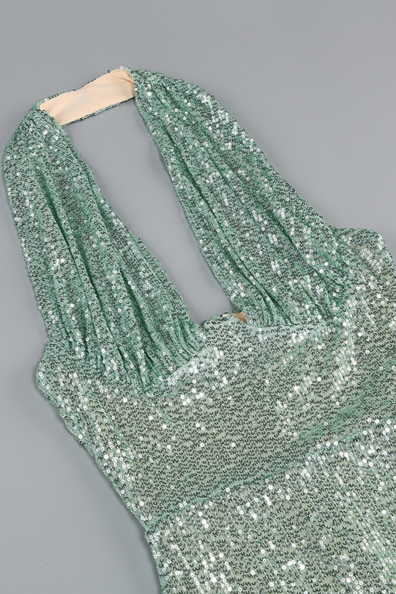 Elsinx Green Backless Sequin Maxi Dress