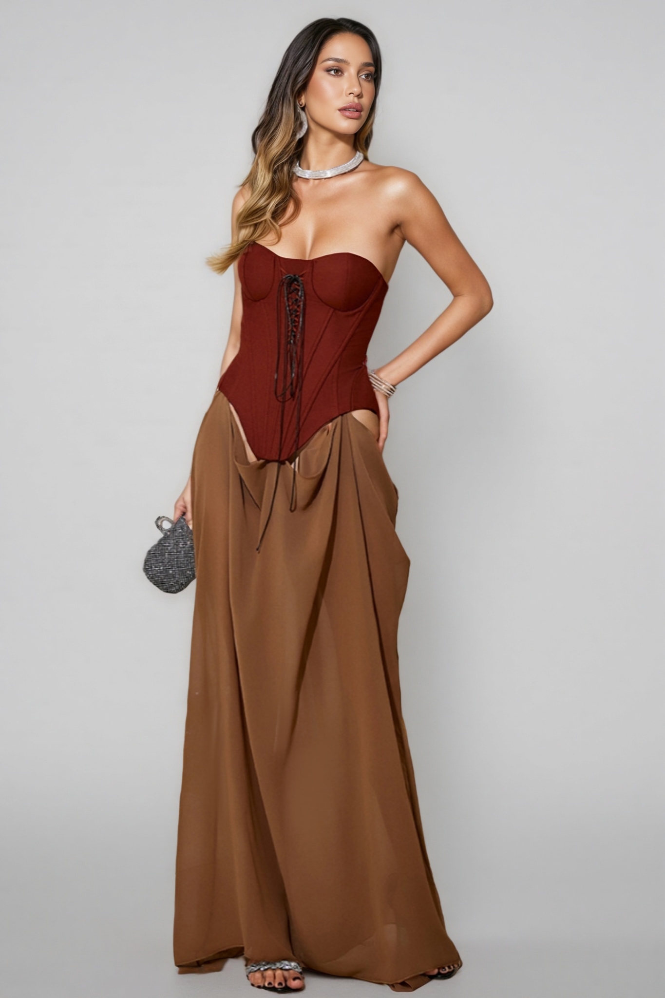 Tessd Strapless Patchwork Details Maxi Dress