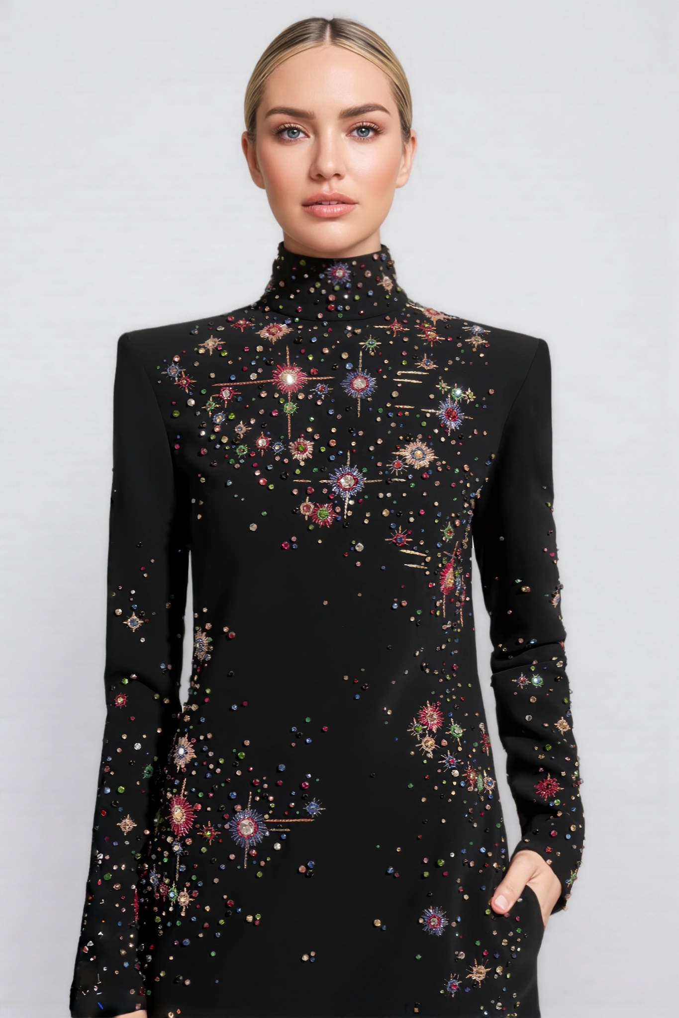 Jouy Diamond-Encrusted Long-Sleeved Mini Dress