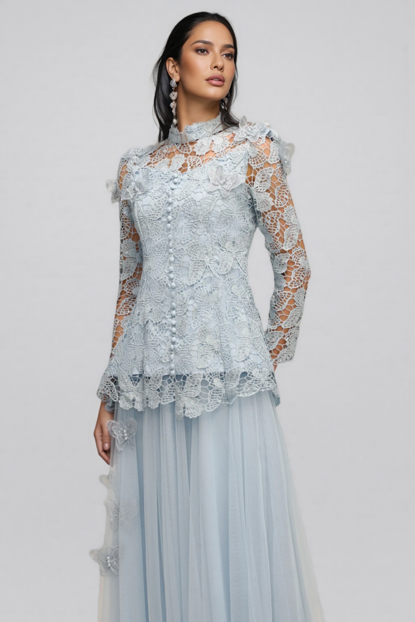 Hurof Folds Lace Butterfly Top Dress Two-Piece Set