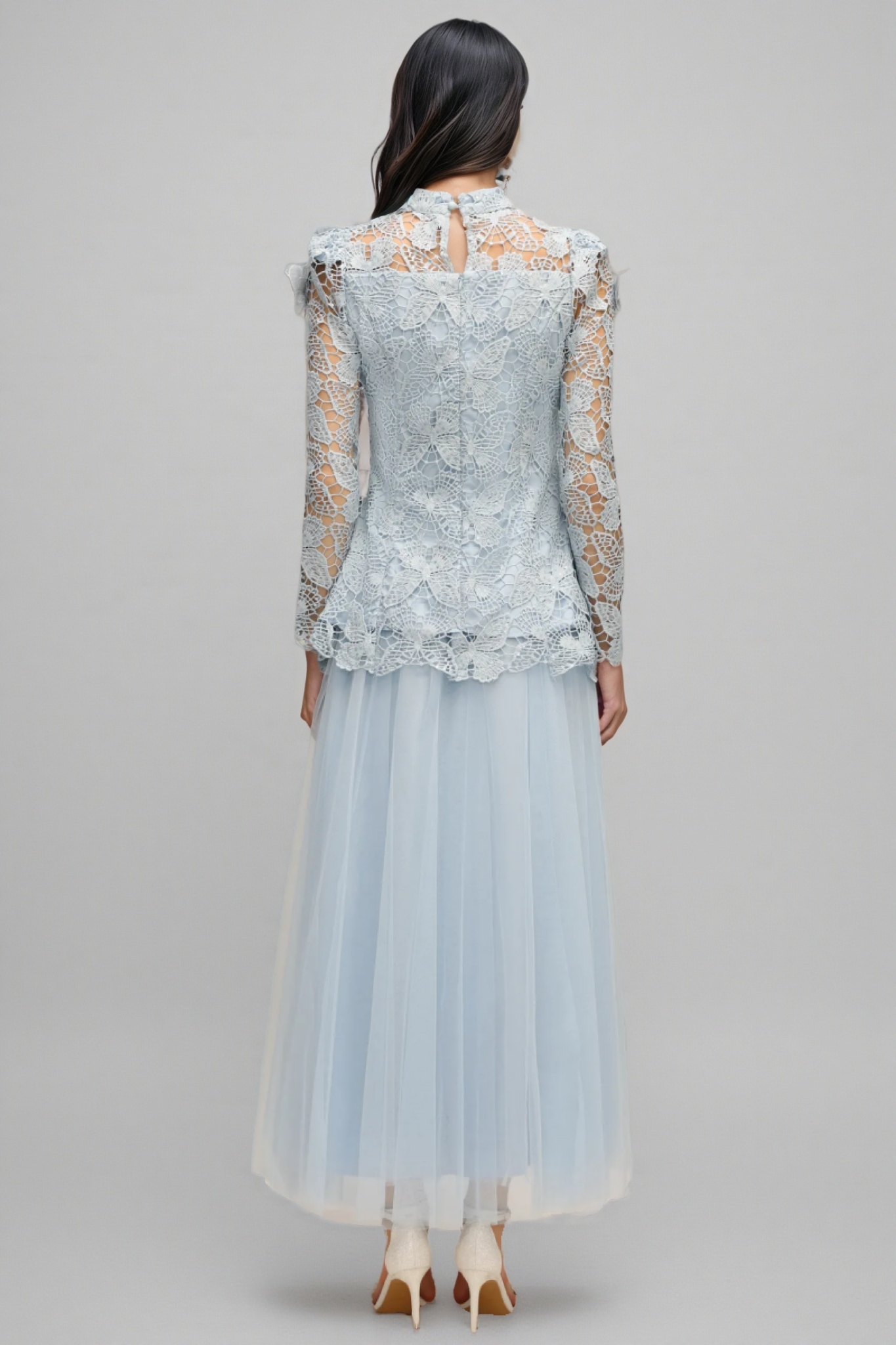 Hurof Folds Lace Butterfly Top Dress Two-Piece Set