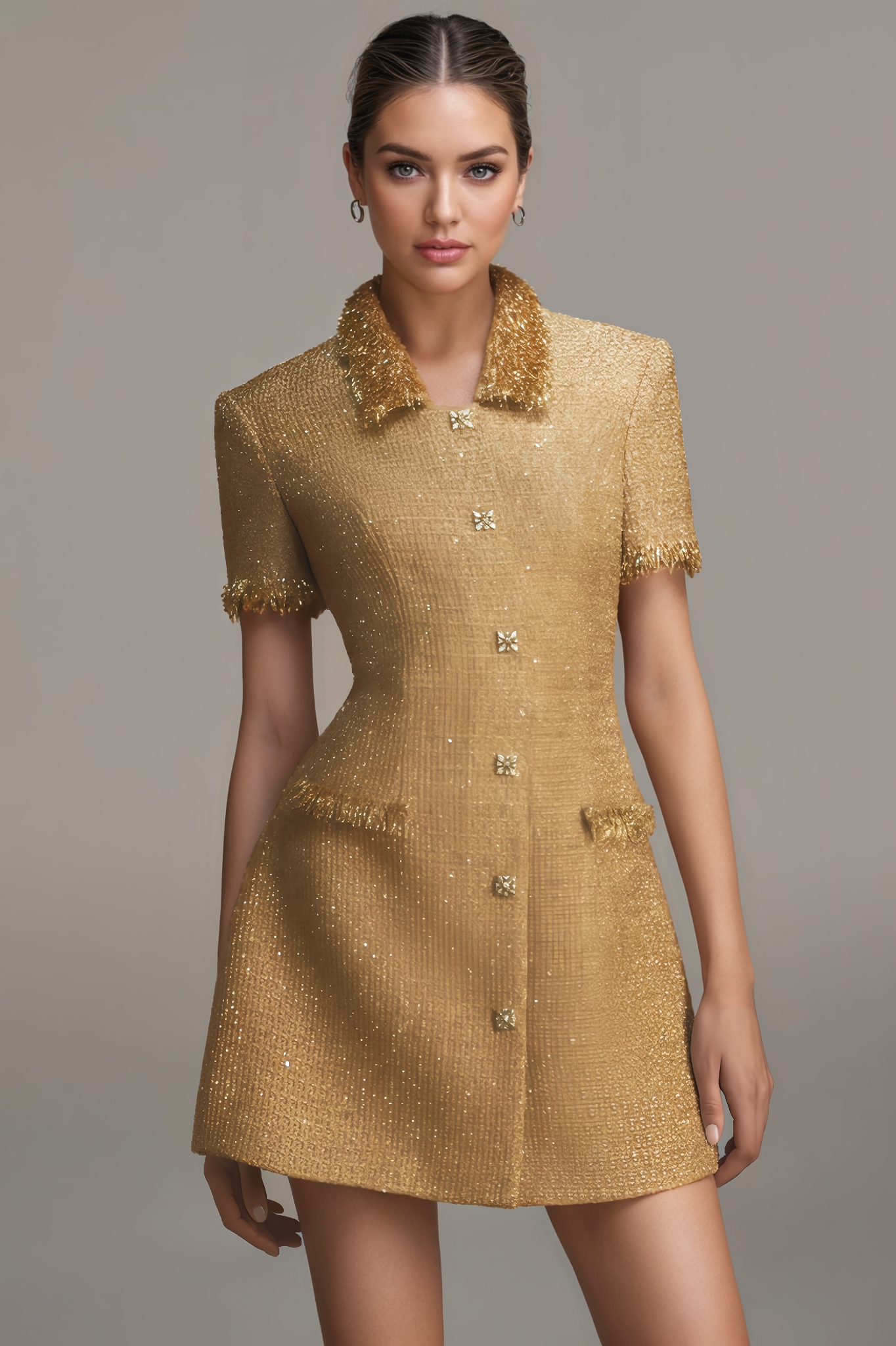 Folded Collar Button Mini Dress