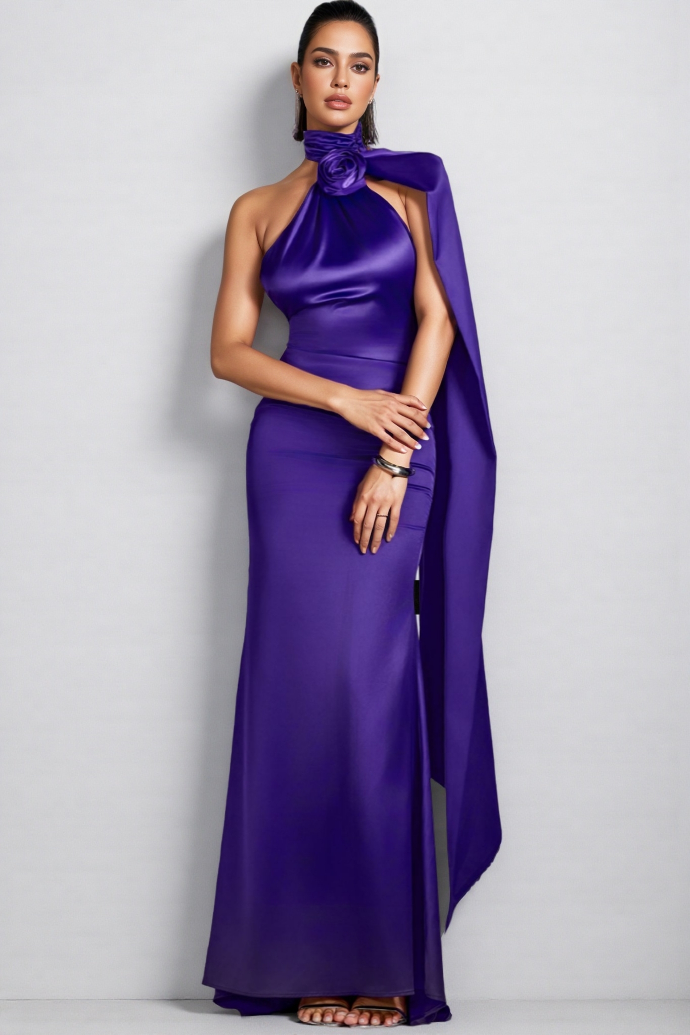 Valentina Halter Floral Maxi Satin Dress