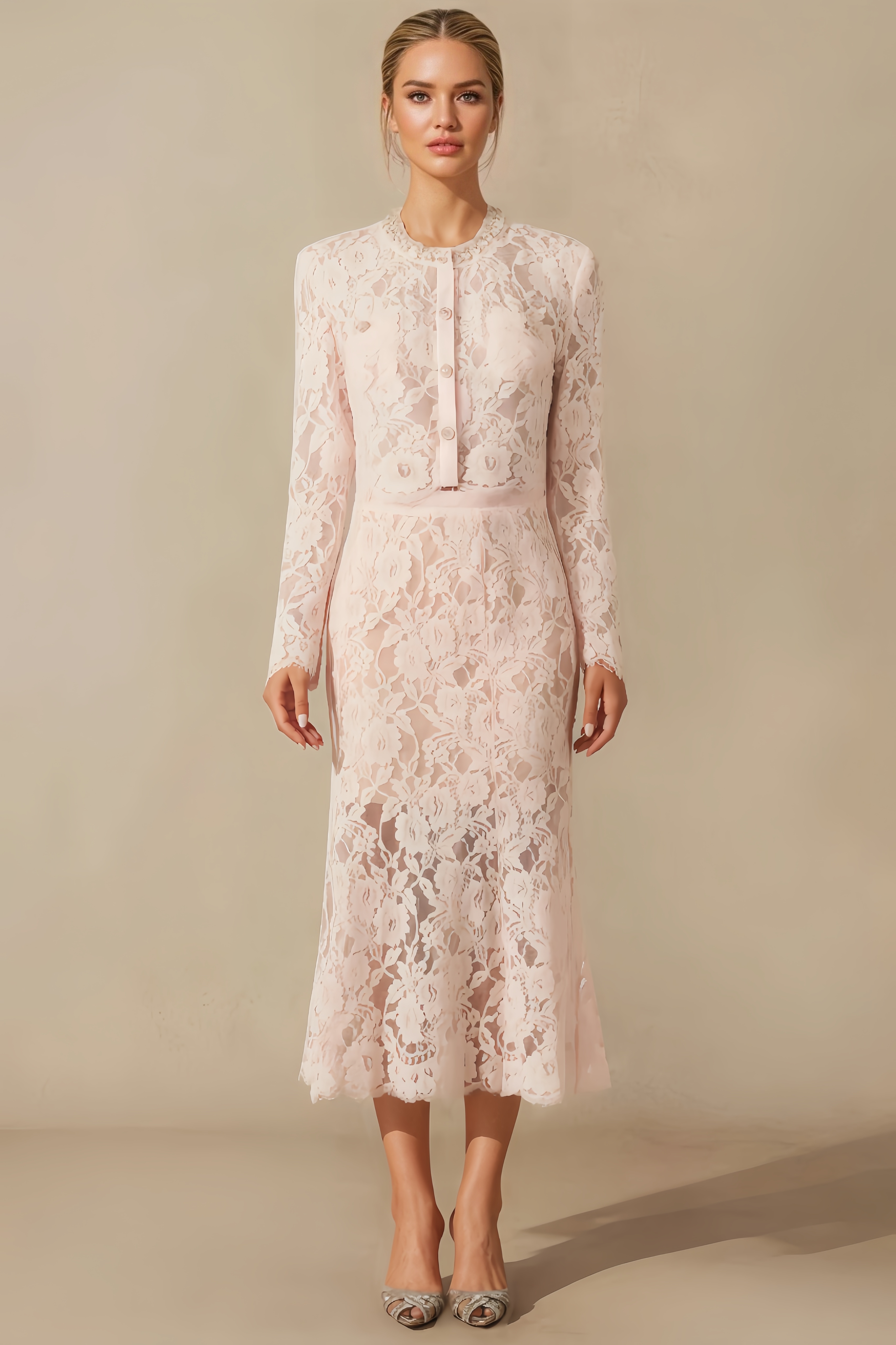 Rexor Floral Lace Long-Sleeved Midi Dress