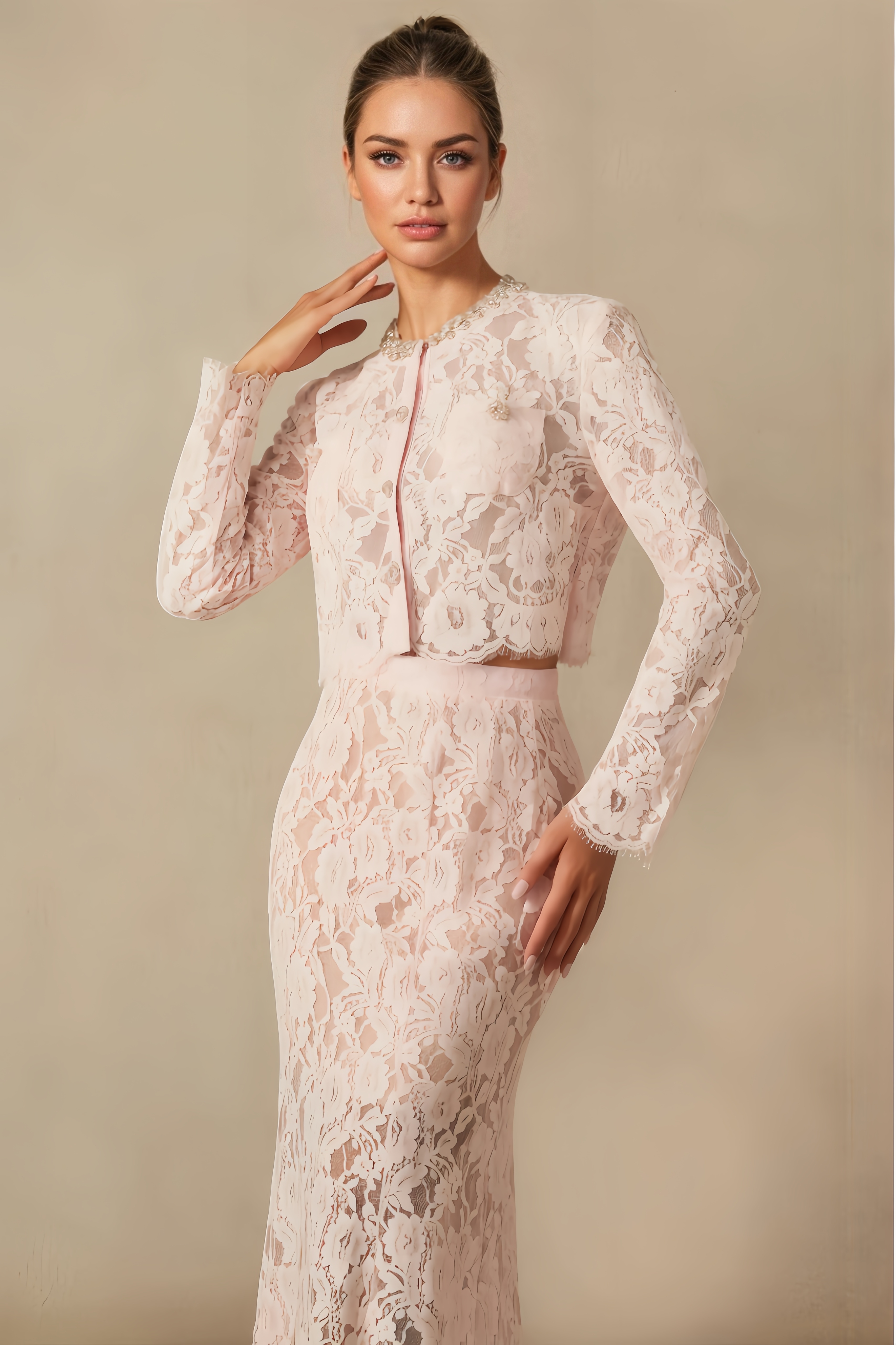 Rexor Floral Lace Long-Sleeved Midi Dress