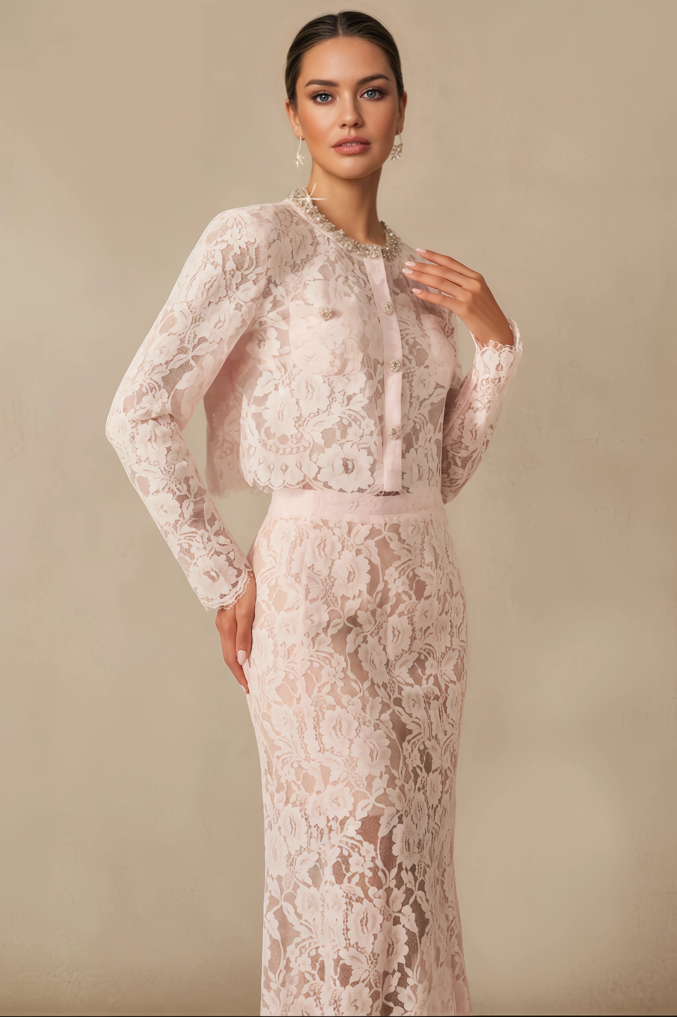 Rexor Floral Lace Long-Sleeved Midi Dress