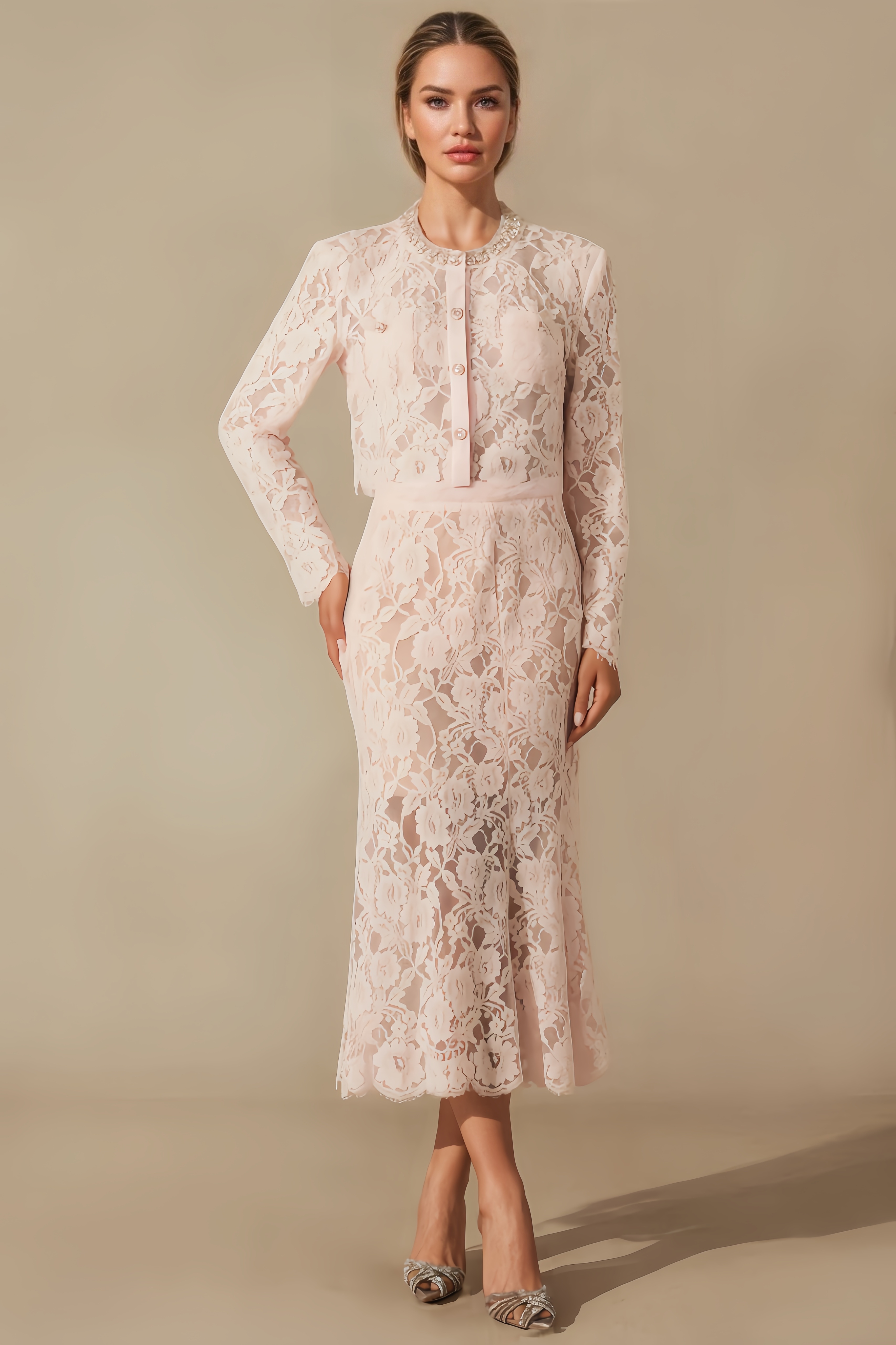 Rexor Floral Lace Long-Sleeved Midi Dress