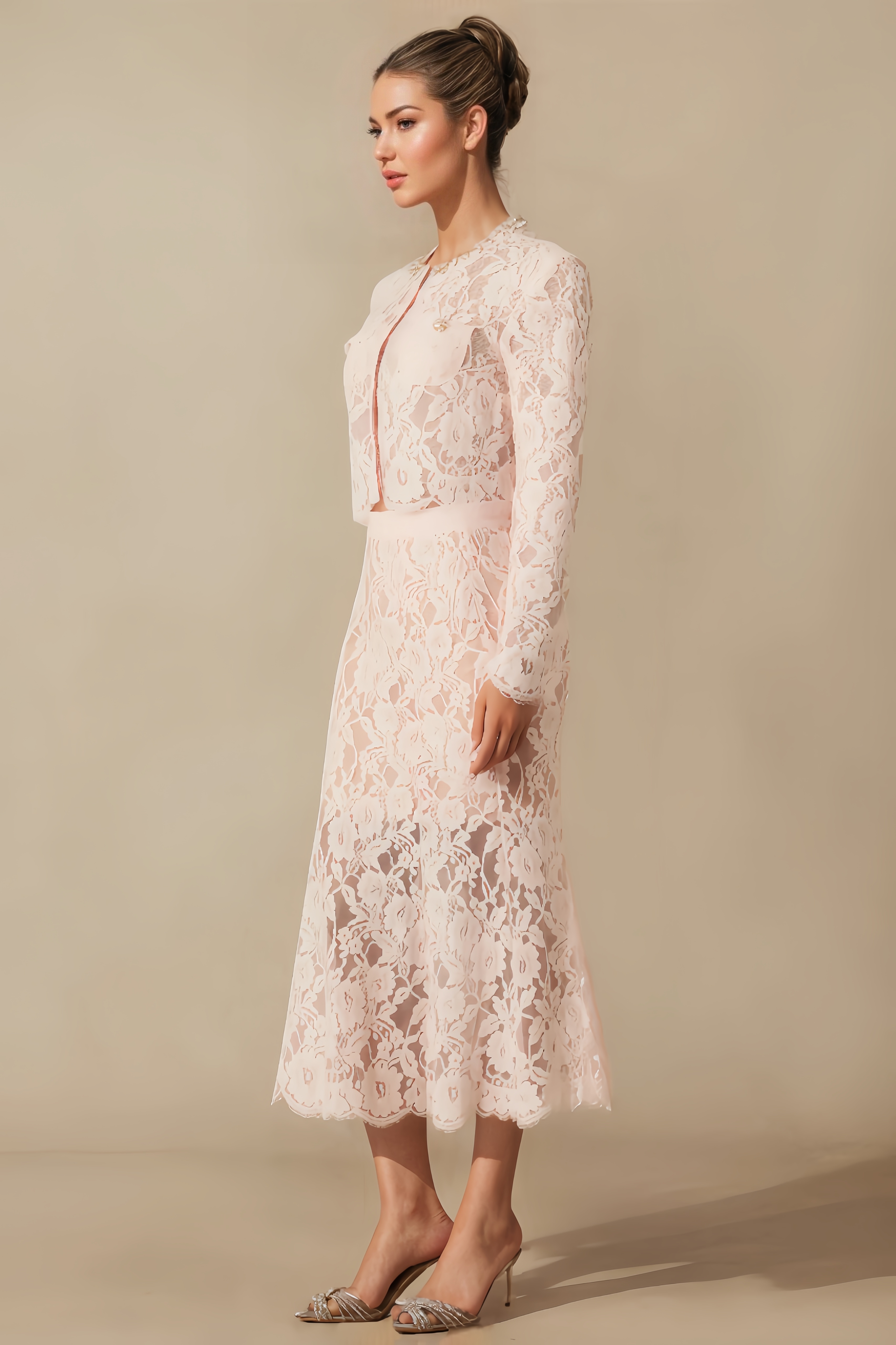 Rexor Floral Lace Long-Sleeved Midi Dress