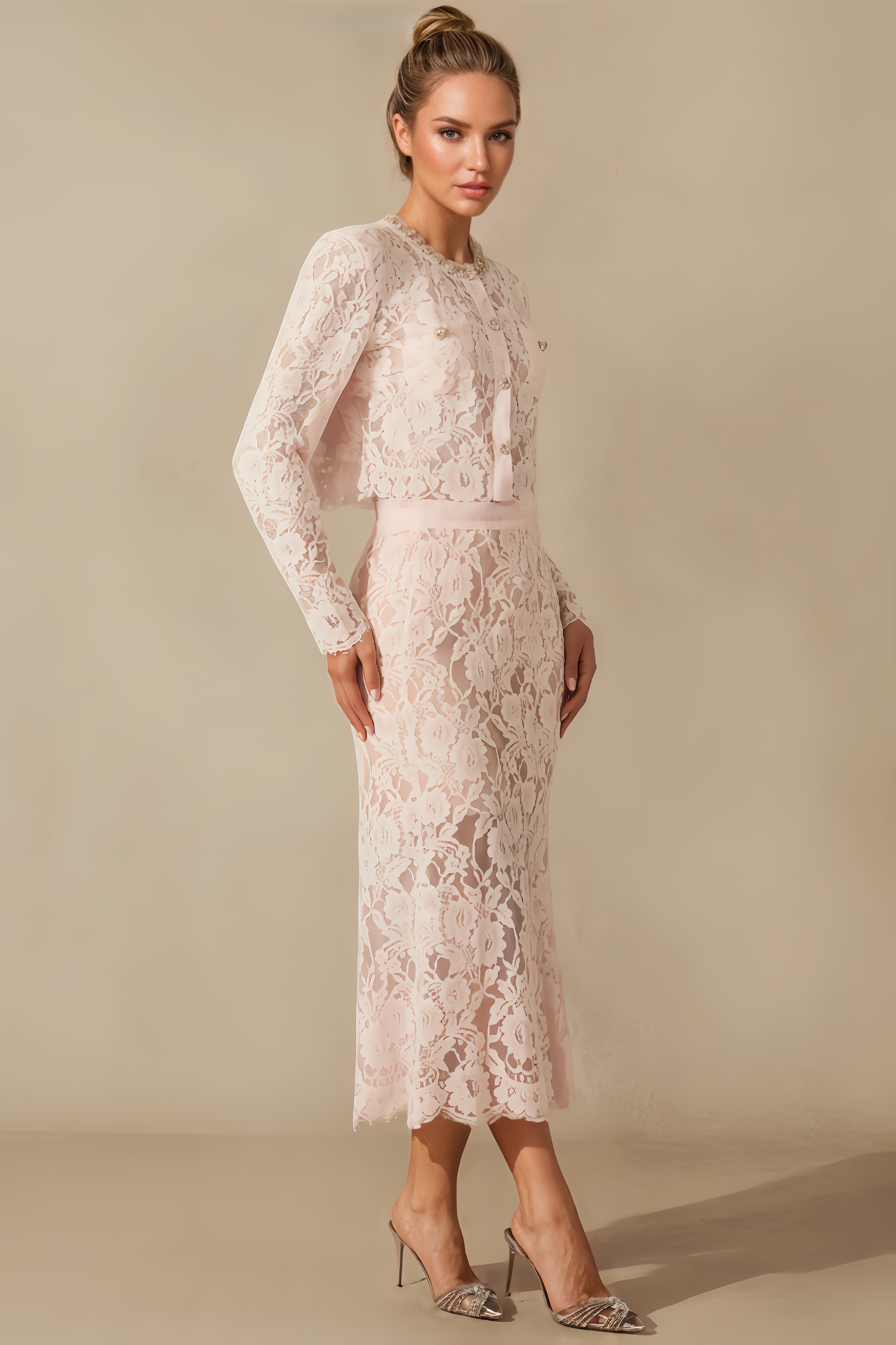 Rexor Floral Lace Long-Sleeved Midi Dress
