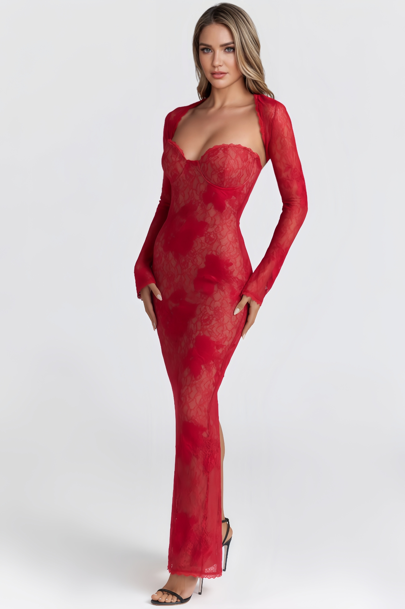 Yulan Red Lace Embroidered Maxi Dress