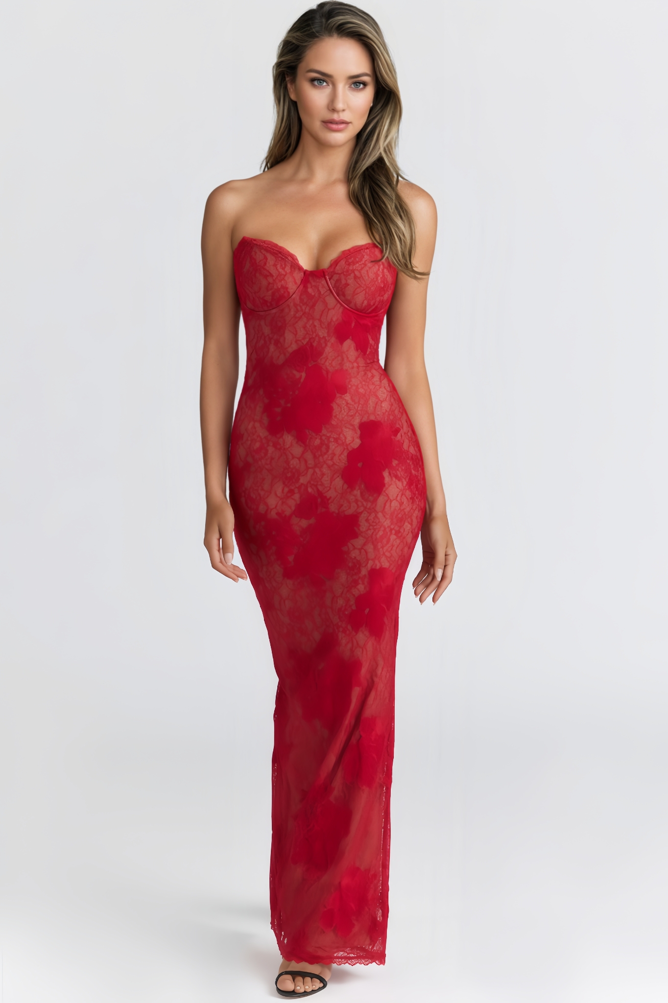 Yulan Red Lace Embroidered Maxi Dress