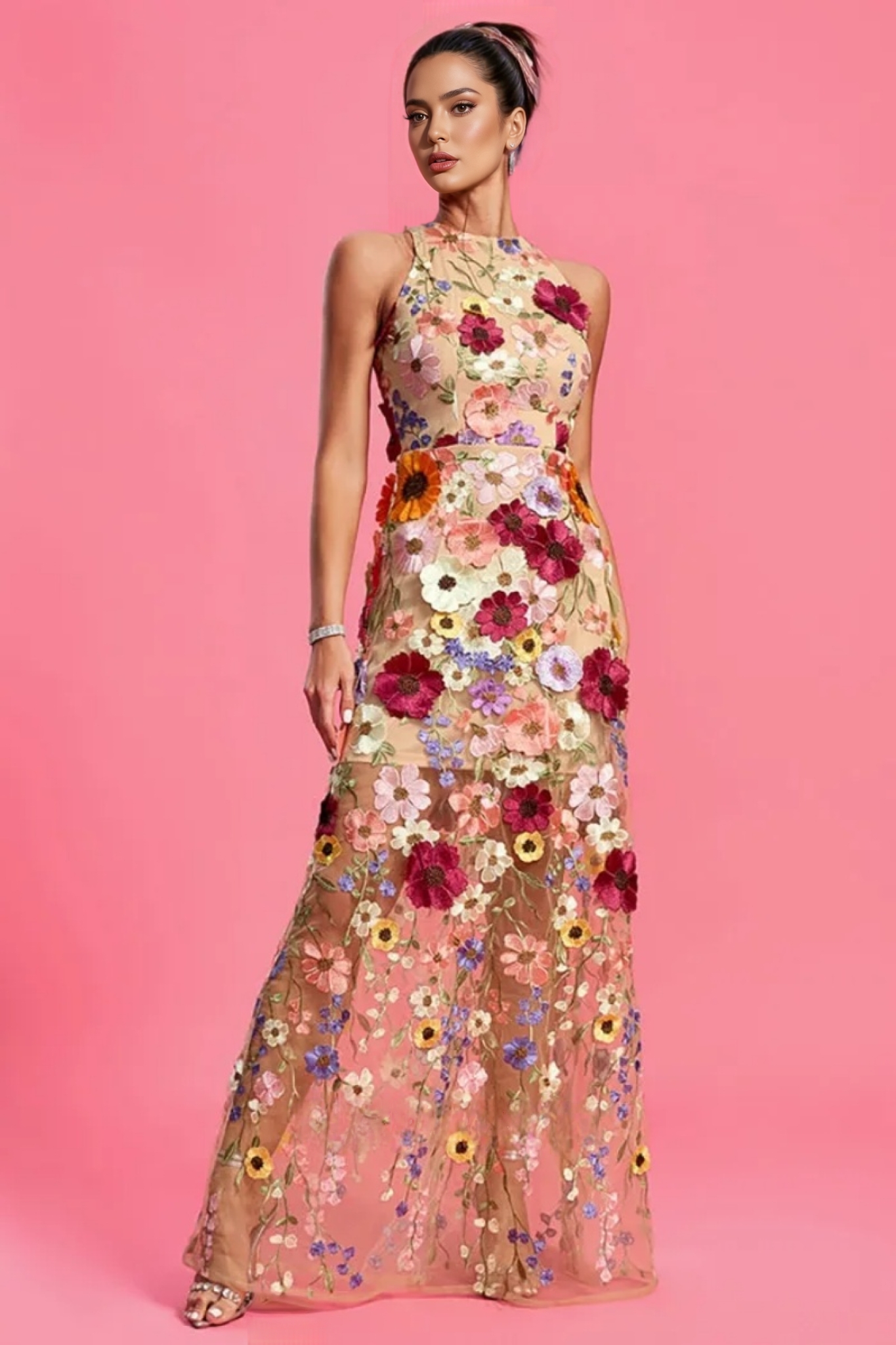 Hella Sleeveless Embroidery Flowers Maxi Dress