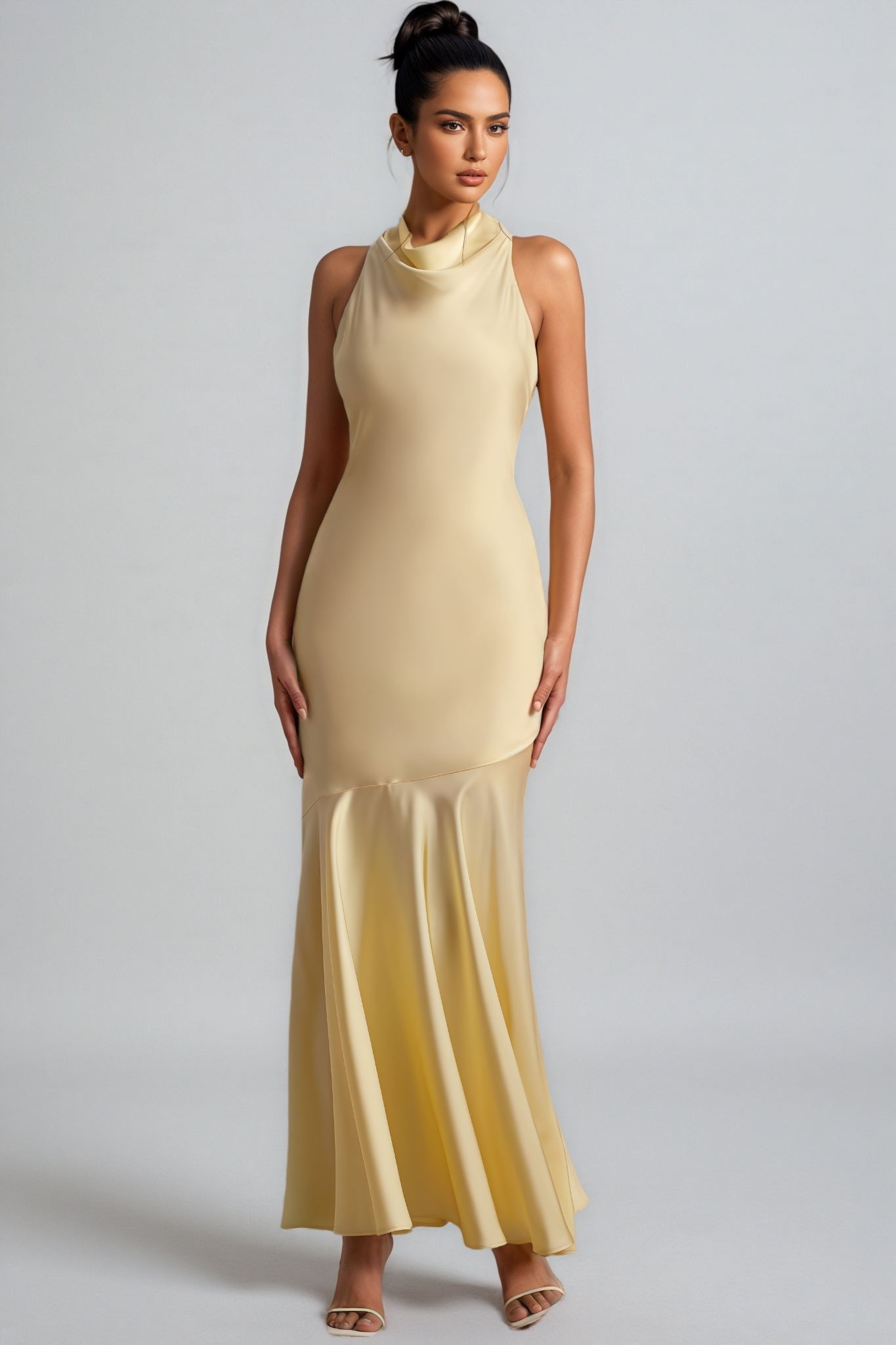 Elaray Yellow Satin Cowl-Neck Maxi Dress