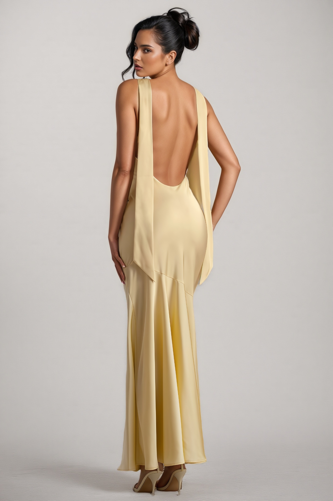 Elaray Yellow Satin Cowl-Neck Maxi Dress