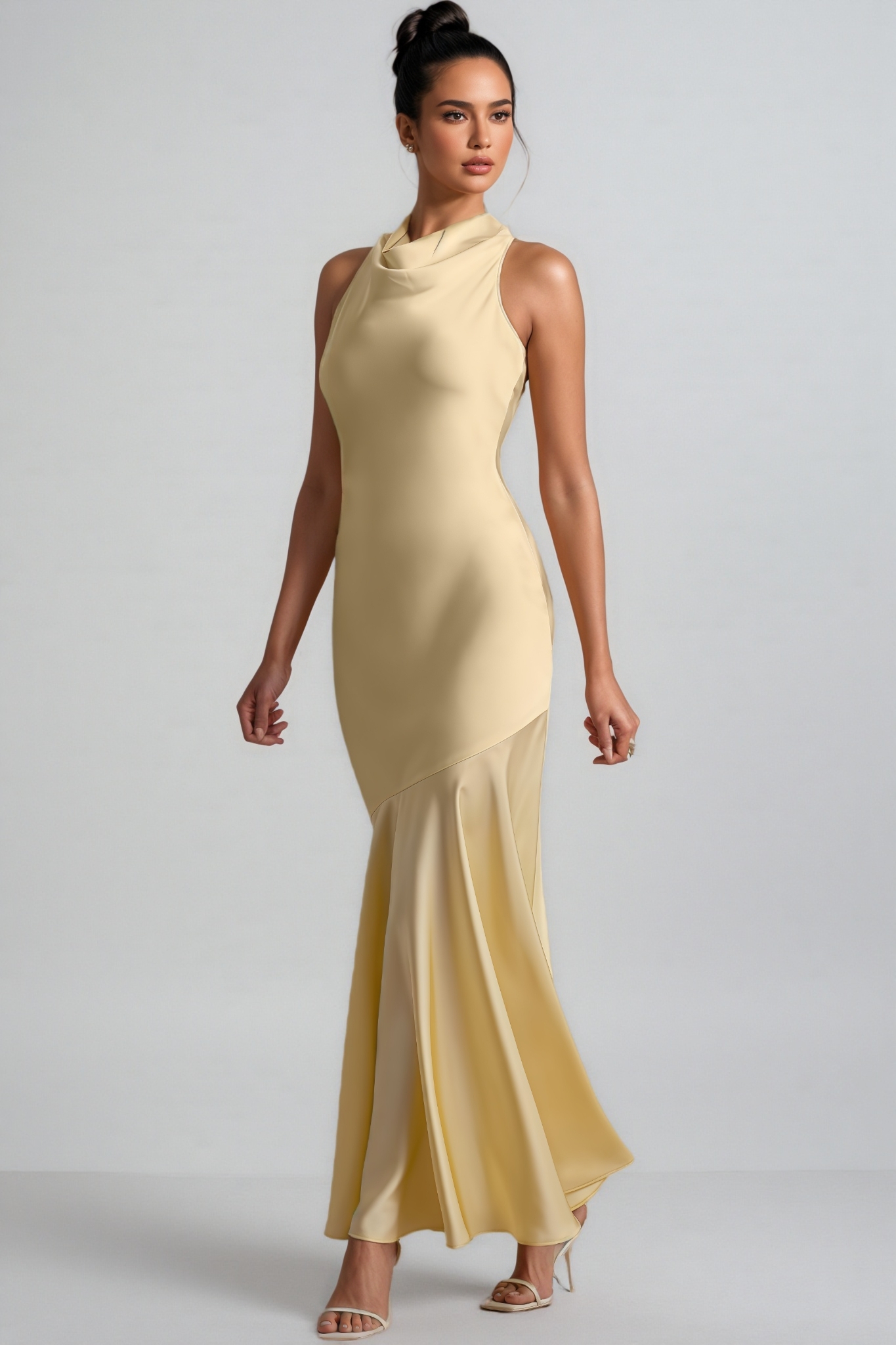 Elaray Yellow Satin Cowl-Neck Maxi Dress