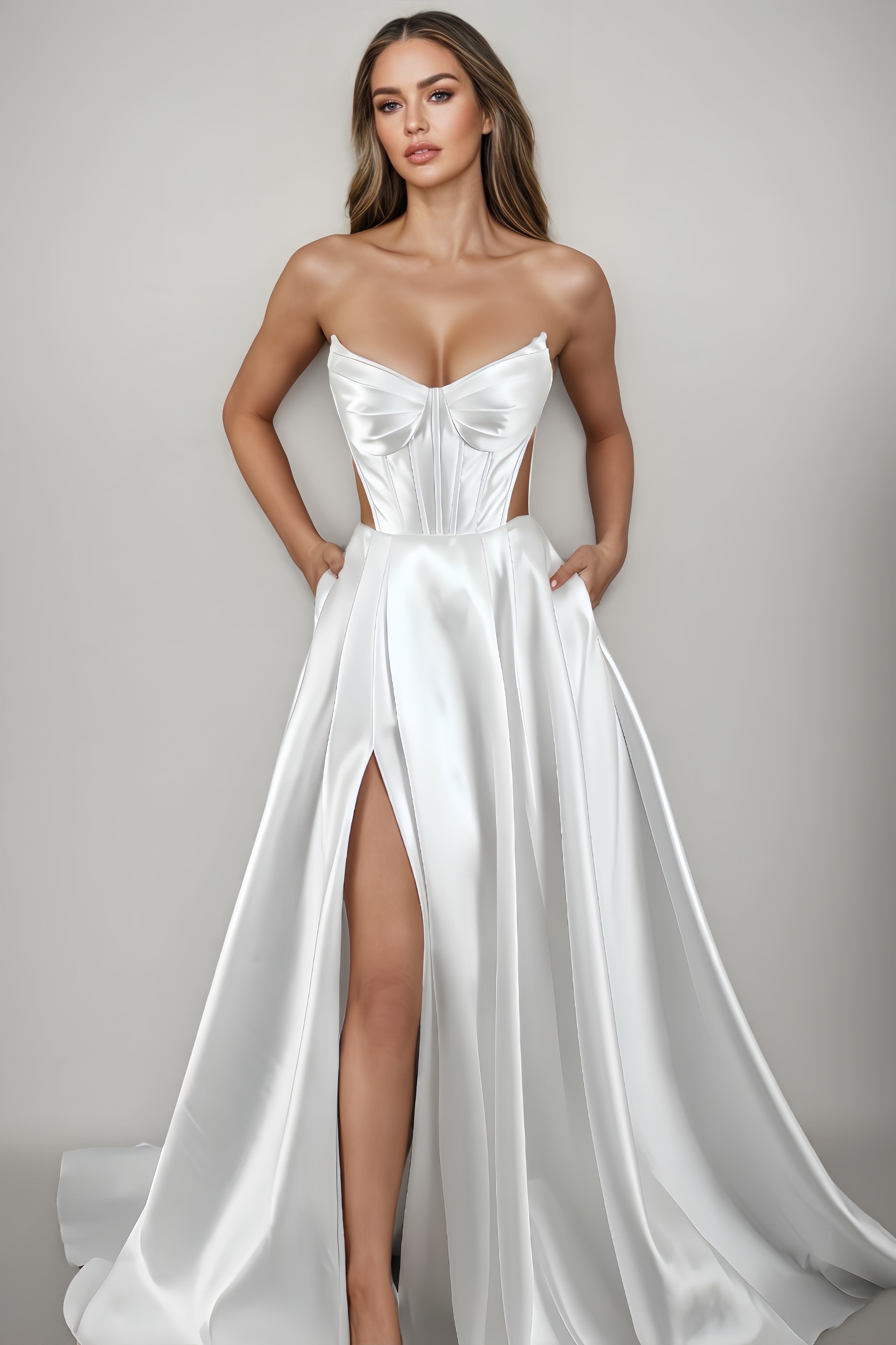 Varkt White Satin Strapless Maxi Dress