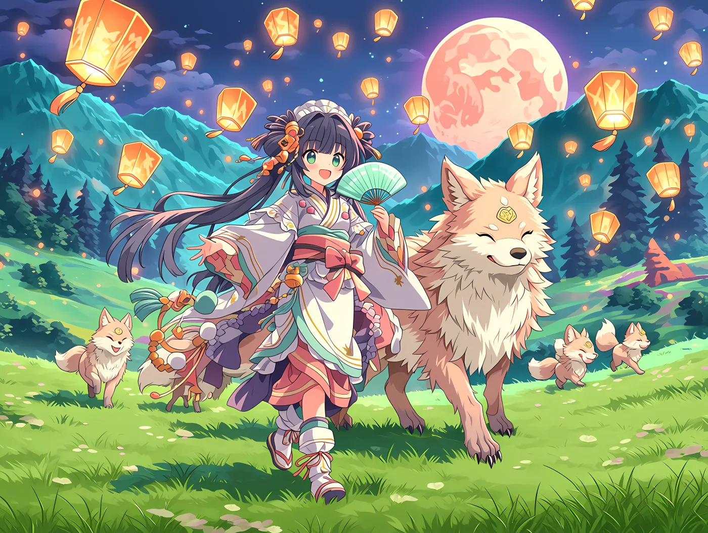 Lightweight Polyester Art Tapestry — Spirit Fox Lantern Parade