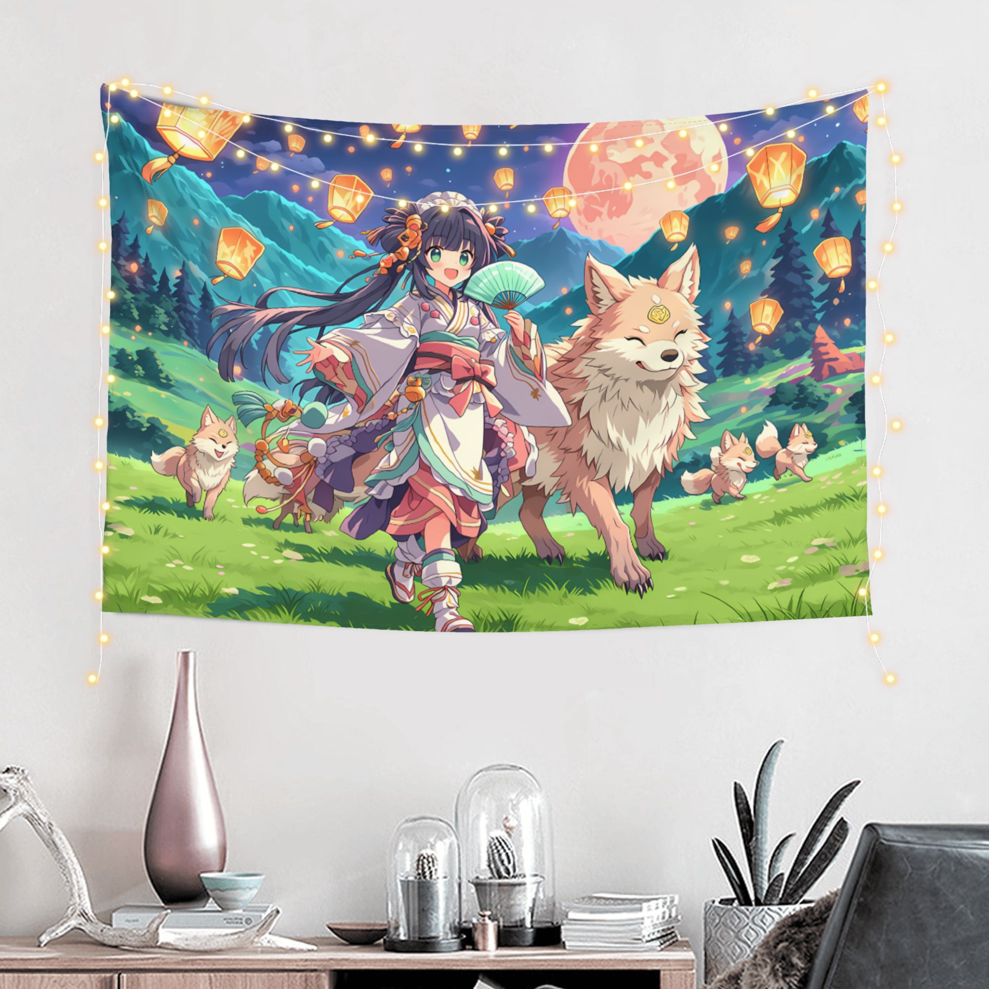 Spirit Fox Lantern Parade art tapestry in a room — 60 × 40 in, view 1