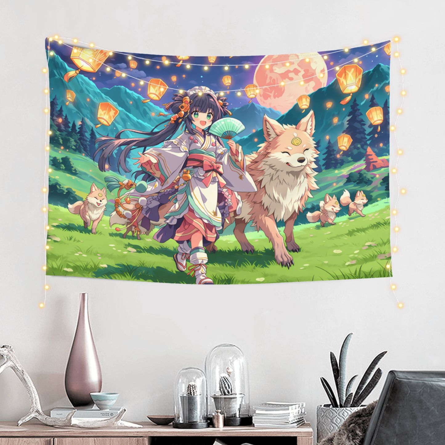 Spirit Fox Lantern Parade art tapestry in a room — 60 × 40 in, view 1