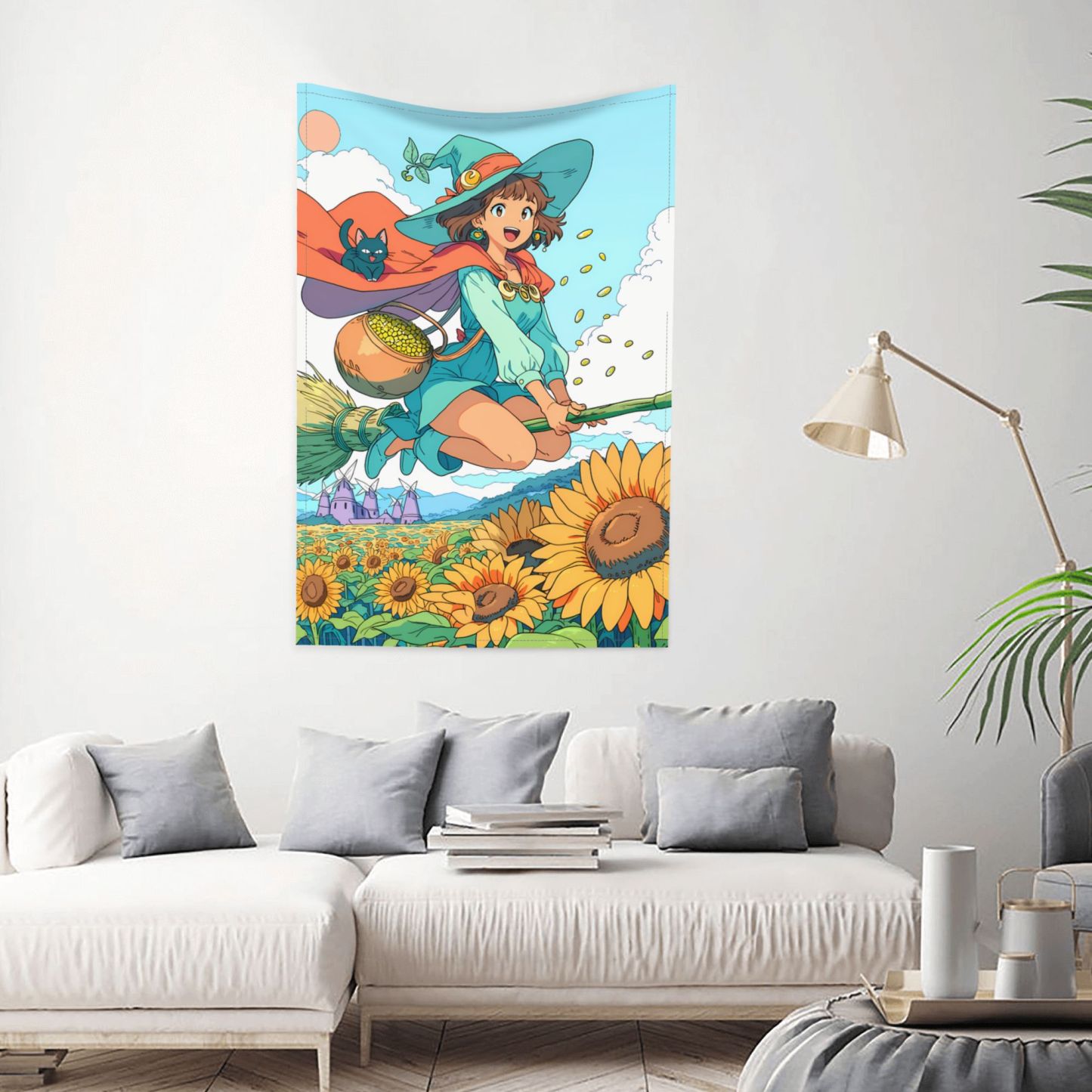 Witch of the Sunflower Sea art tapestry in a room — 40 × 60 in, view 1