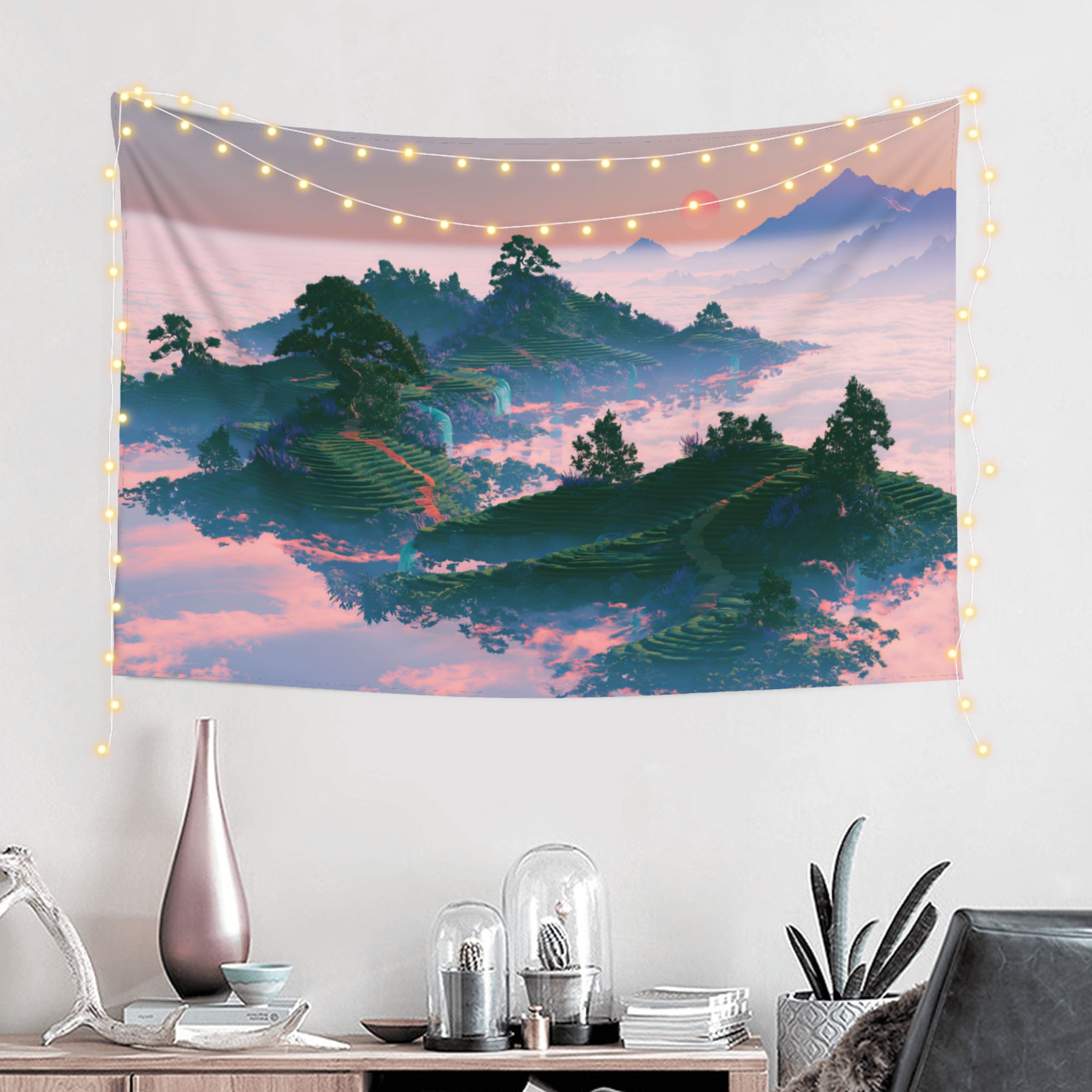 Floating Tea Fields art tapestry in a room — 60 × 40 in, view 1