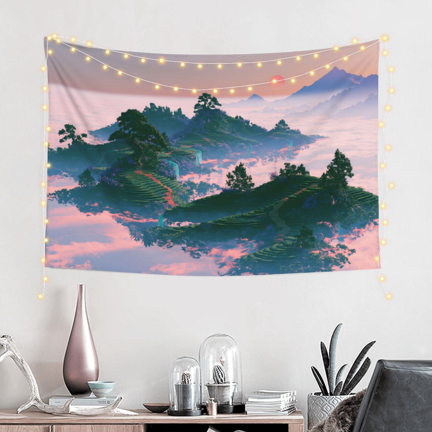 Floating Tea Fields art tapestry in a room — 60 × 40 in, view 1