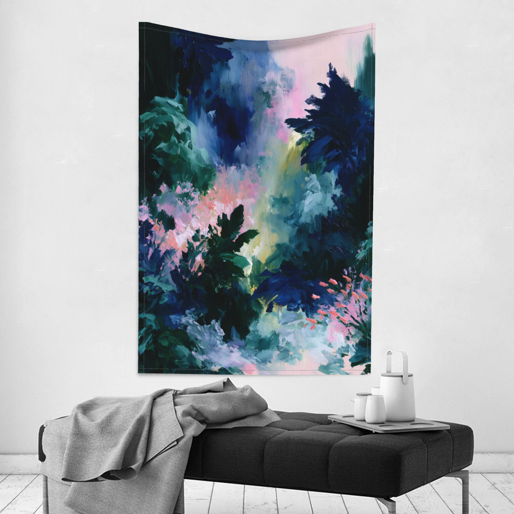 Verdant Orbit art tapestry in a room — 40 × 60 in, view 2