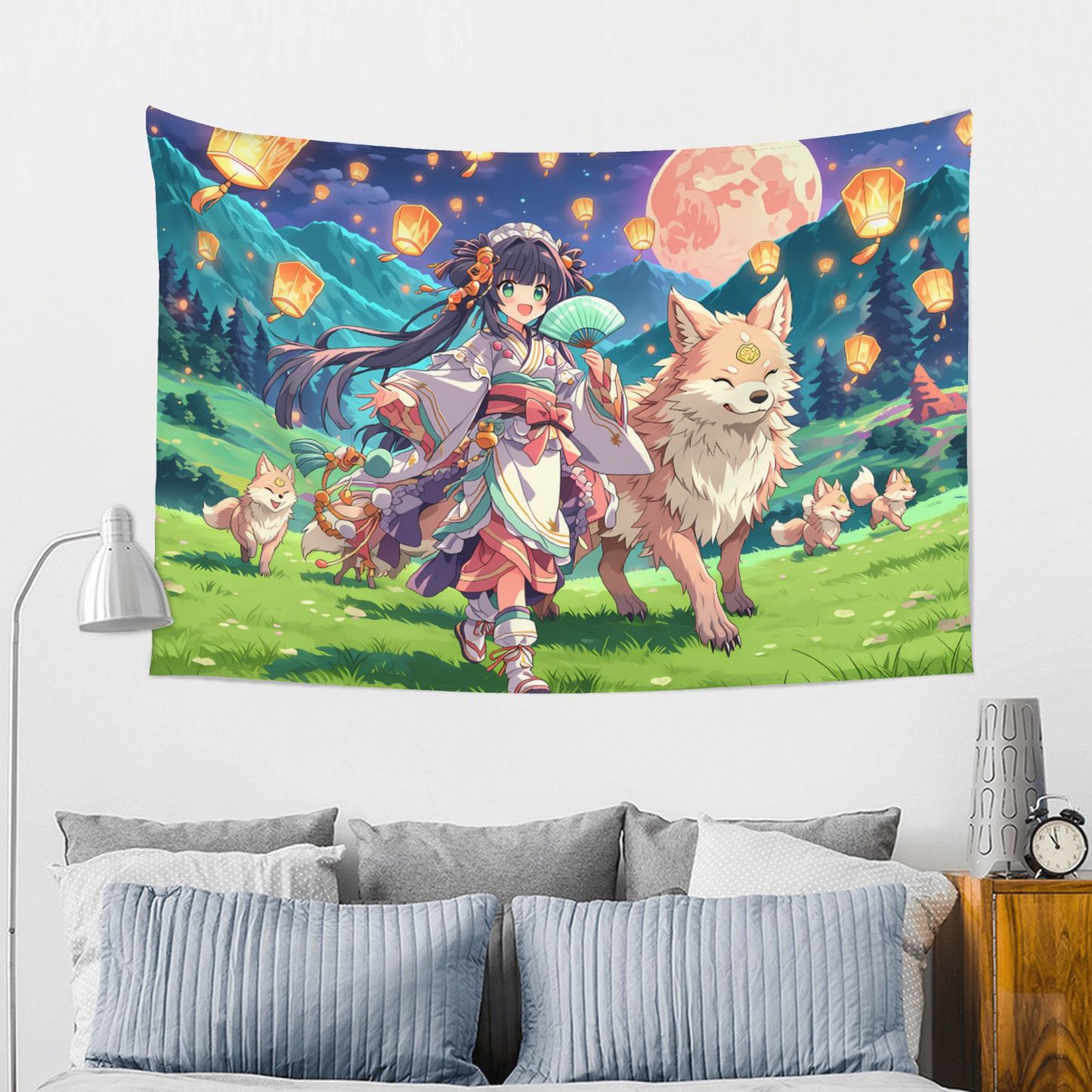 Spirit Fox Lantern Parade art tapestry in a room — 60 × 40 in, view 2