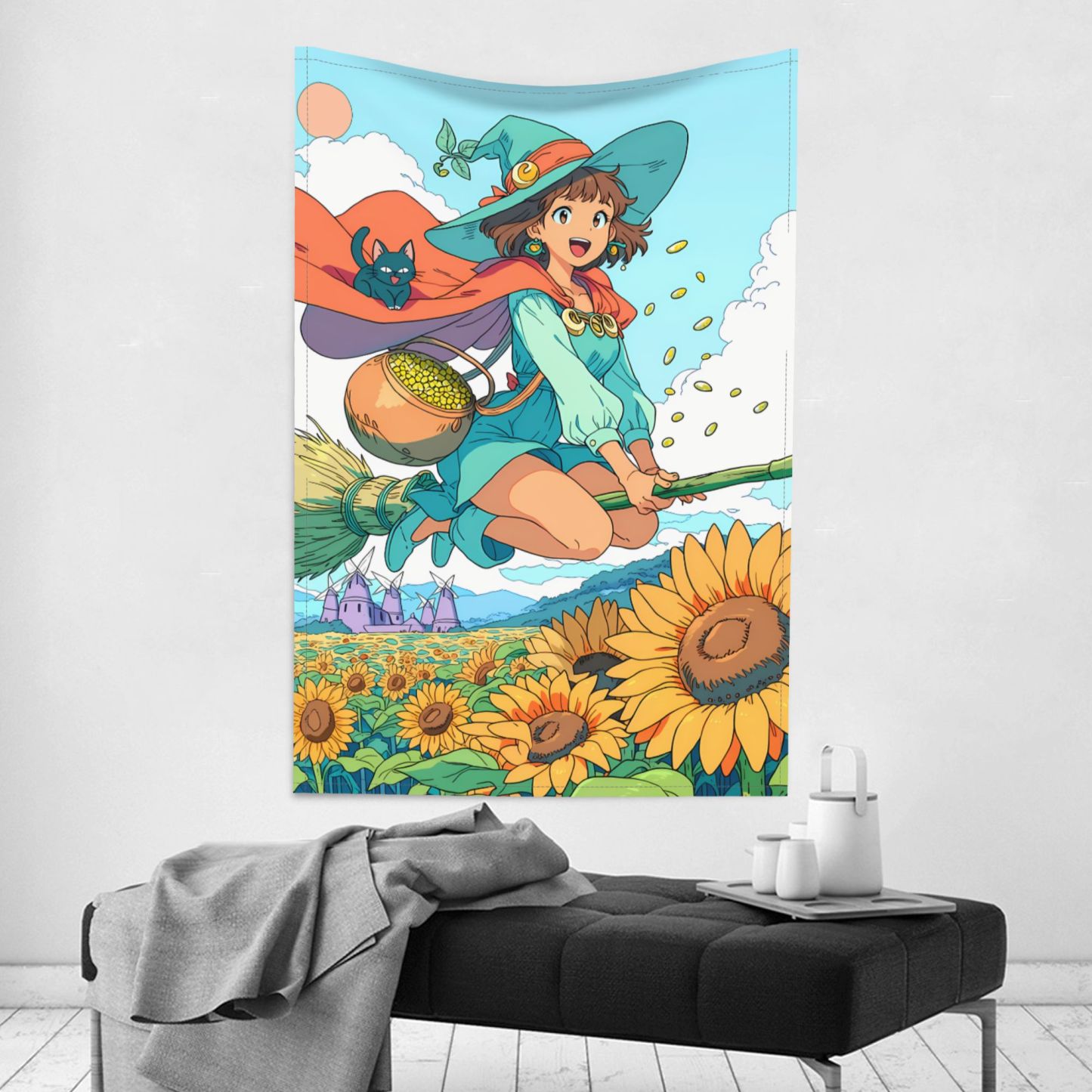 Witch of the Sunflower Sea art tapestry in a room — 40 × 60 in, view 2