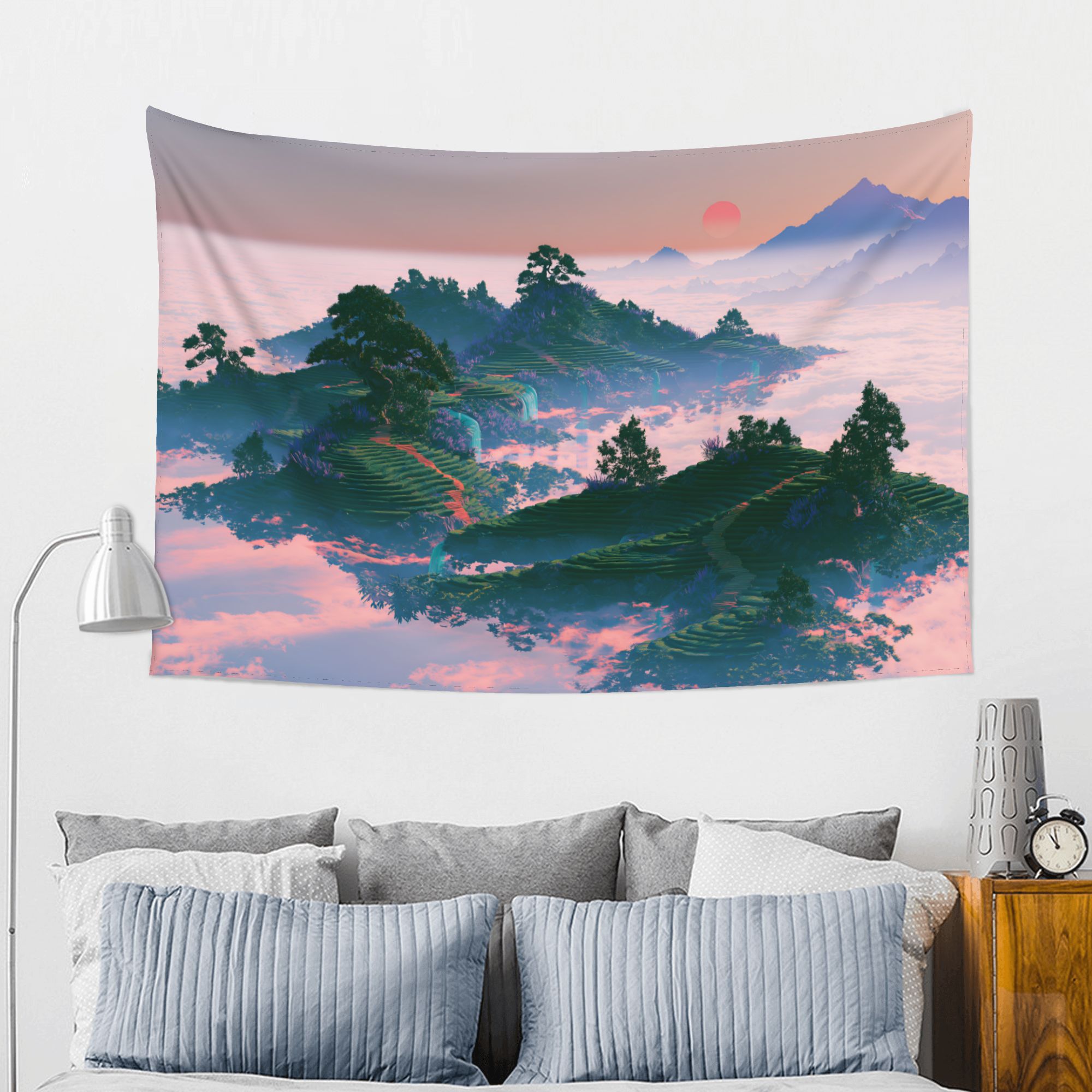 Floating Tea Fields art tapestry in a room — 60 × 40 in, view 2