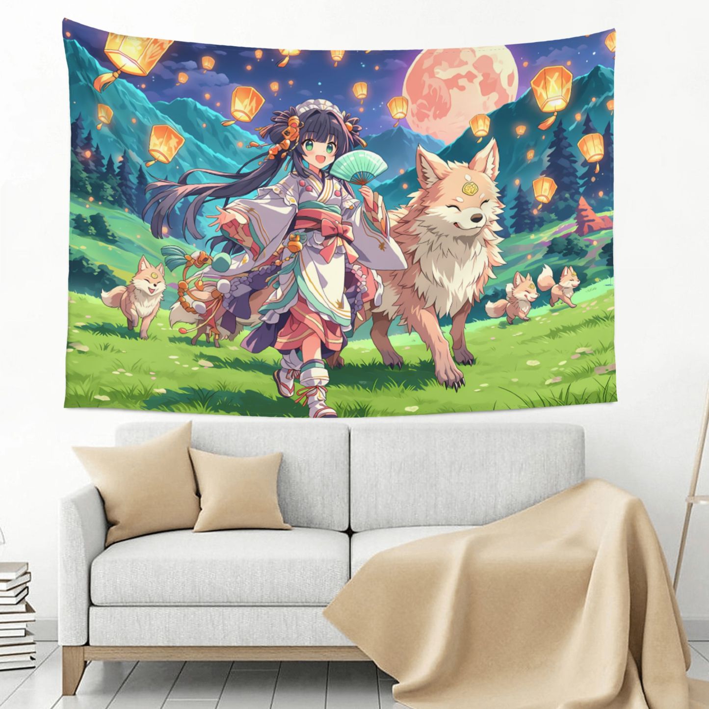 Spirit Fox Lantern Parade art tapestry in a room — 60 × 40 in, view 3