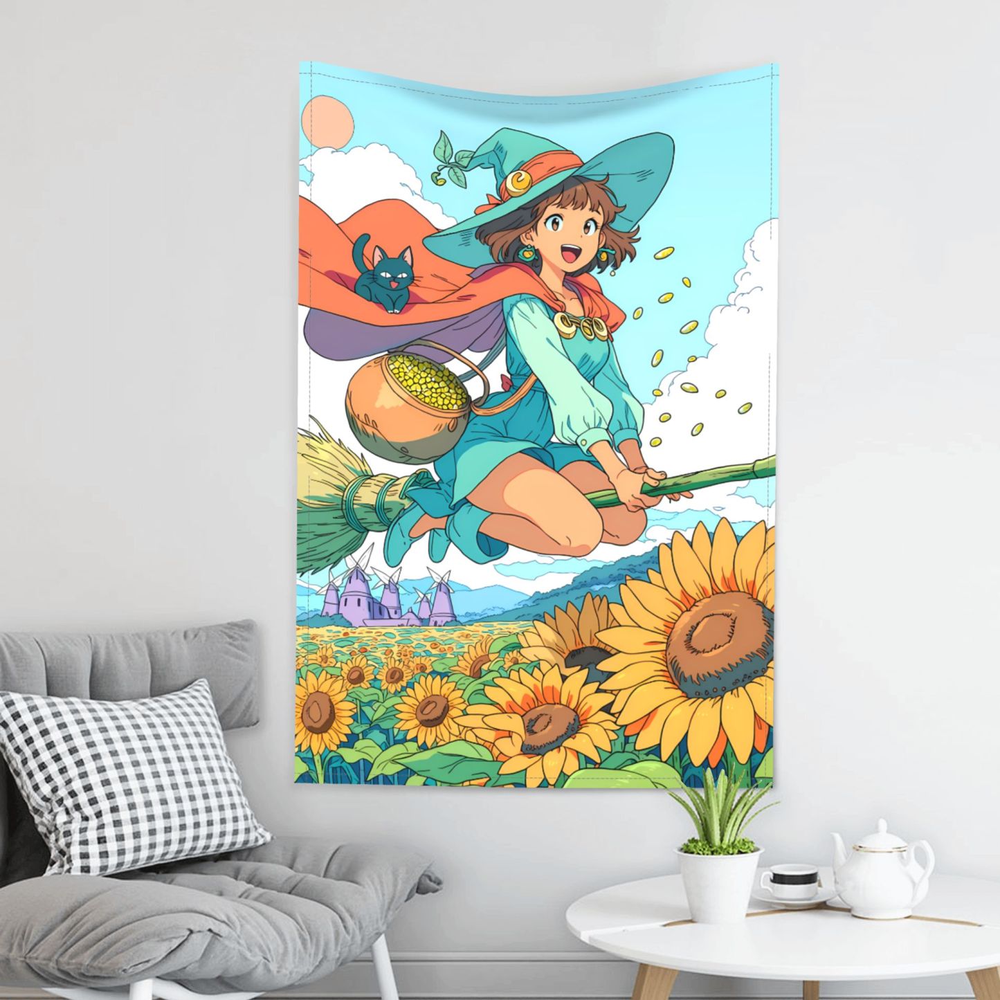 Witch of the Sunflower Sea art tapestry in a room — 40 × 60 in, view 3