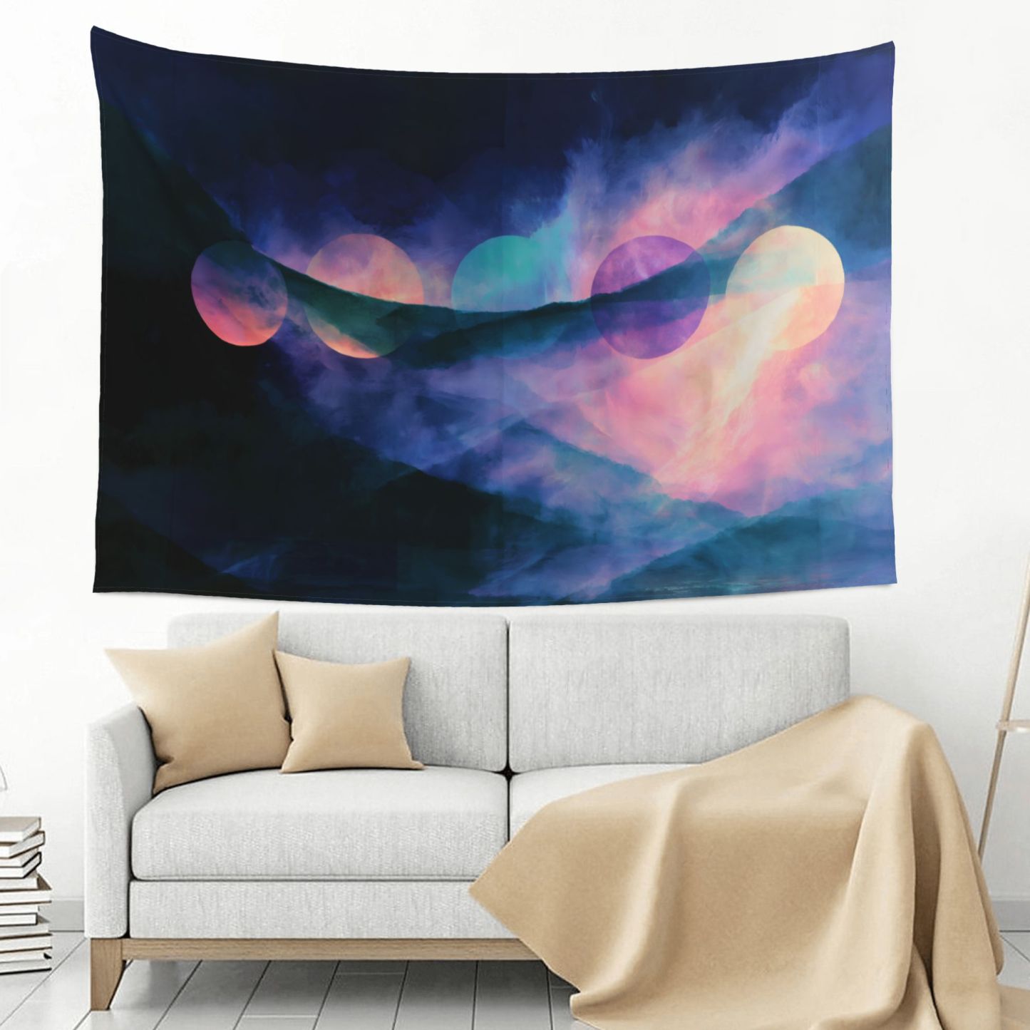 Nocturne of Suns art tapestry in a room — 60 × 40 in, view 3