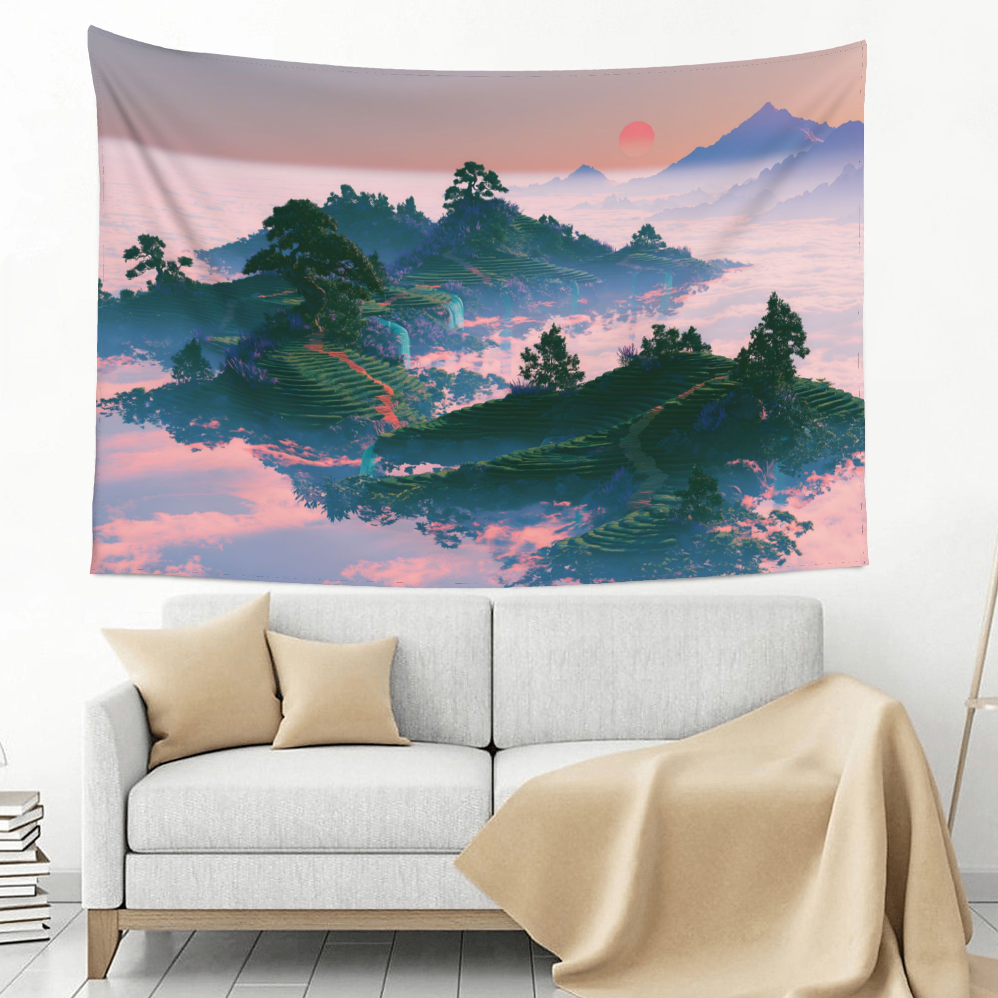 Floating Tea Fields art tapestry in a room — 60 × 40 in, view 3