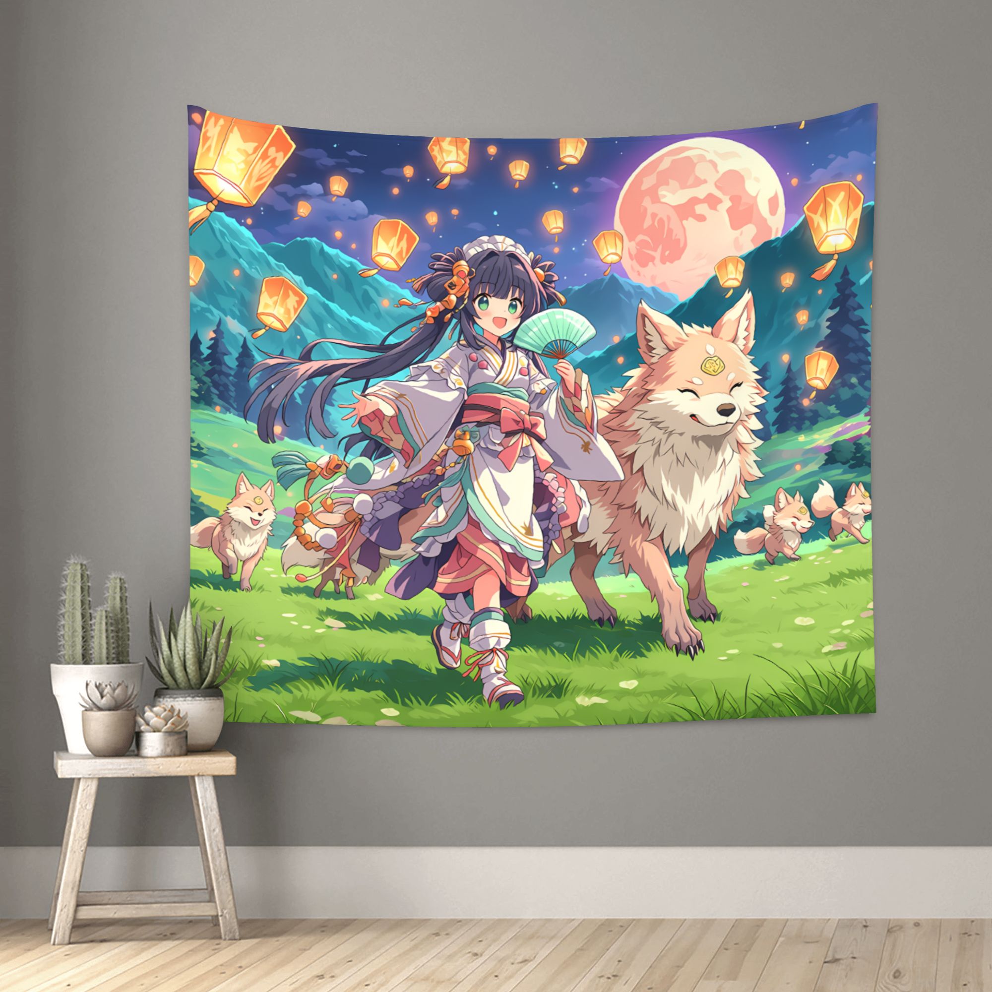 Spirit Fox Lantern Parade art tapestry in a room — 60 × 50 in, view 1