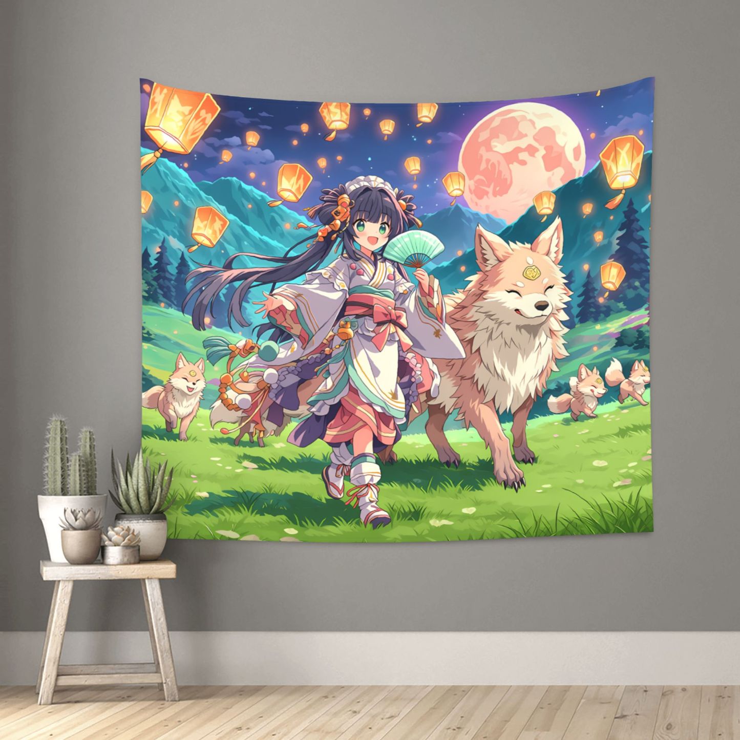 Spirit Fox Lantern Parade art tapestry in a room — 60 × 50 in, view 1