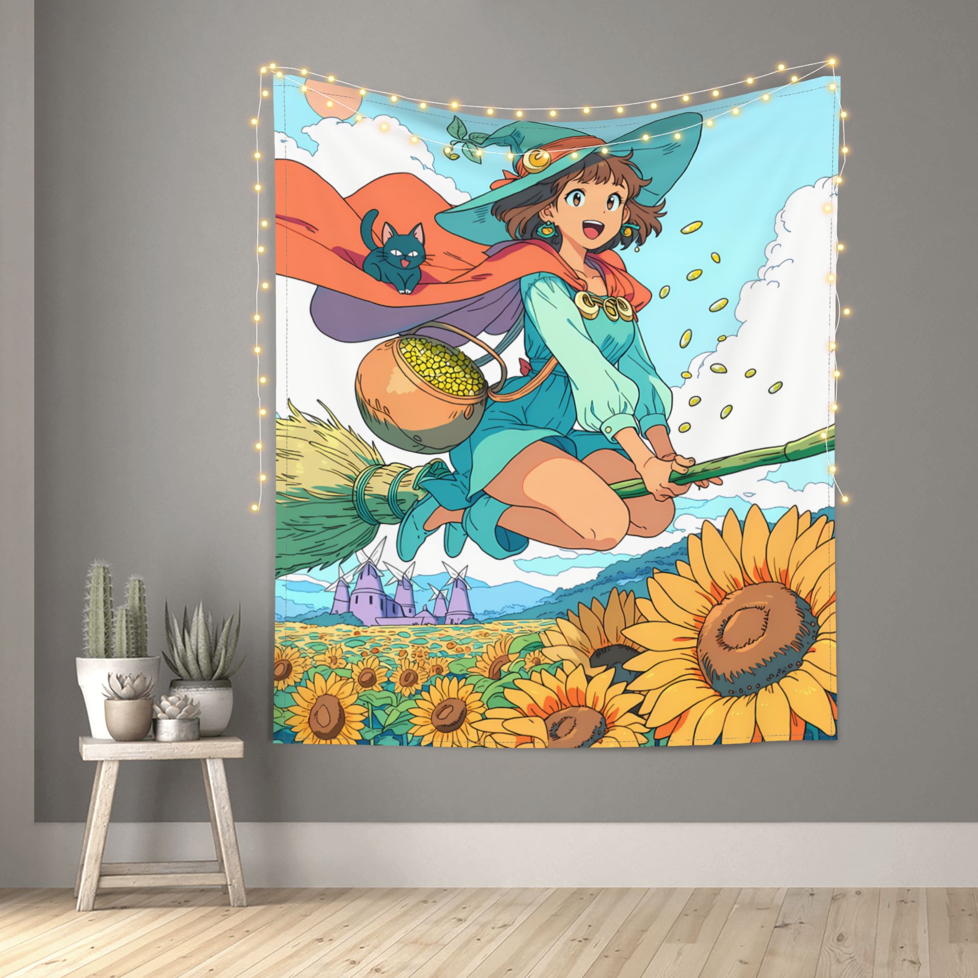 Witch of the Sunflower Sea art tapestry in a room — 50 × 60 in, view 1