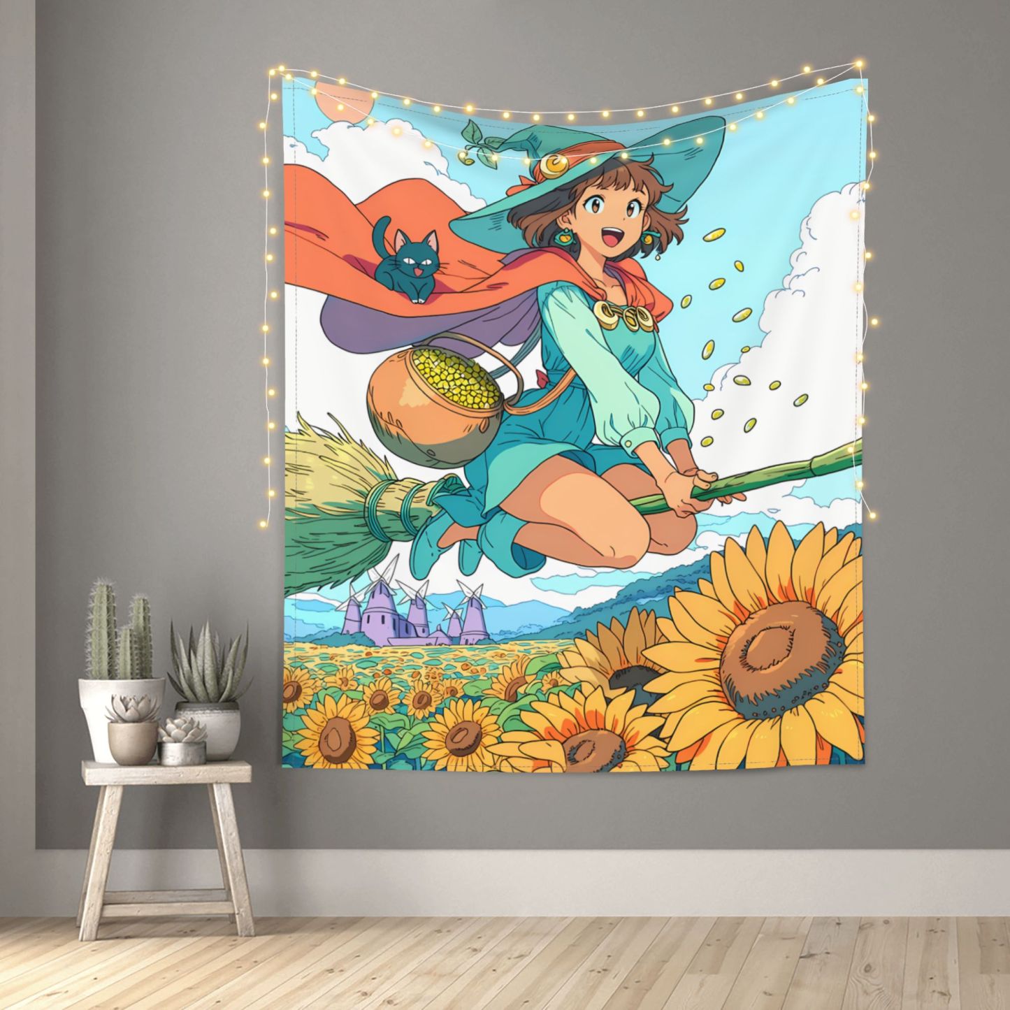 Witch of the Sunflower Sea art tapestry in a room — 50 × 60 in, view 1