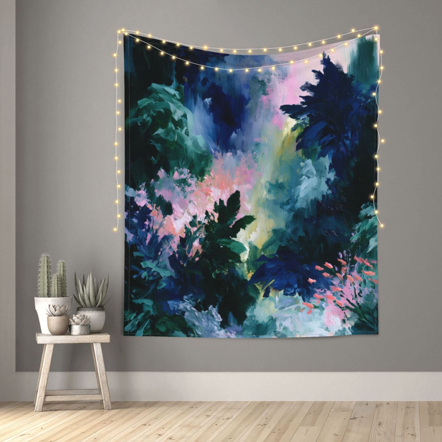 Verdant Orbit art tapestry in a room — 50 × 60 in, view 1