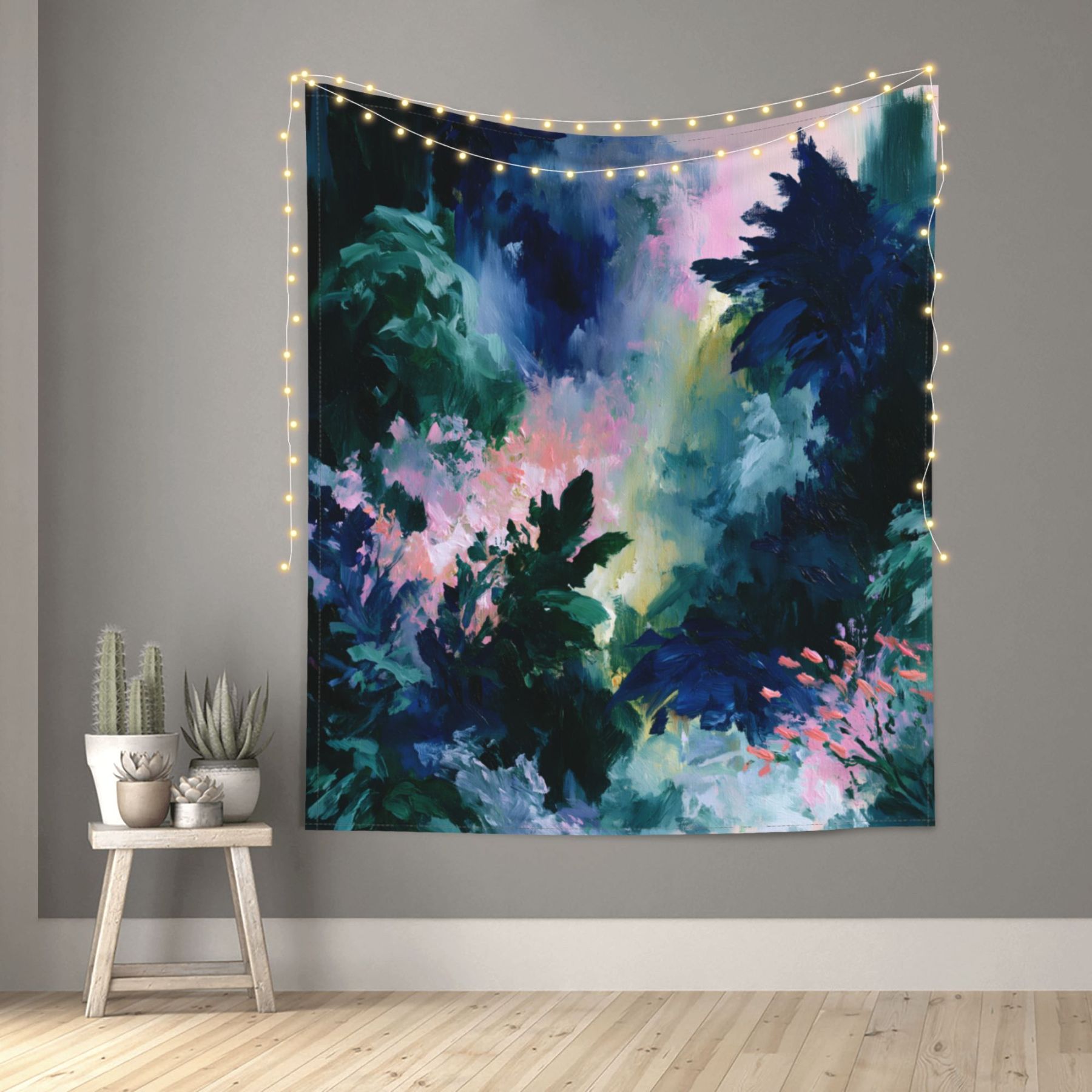 Verdant Orbit art tapestry in a room — 50 × 60 in, view 1