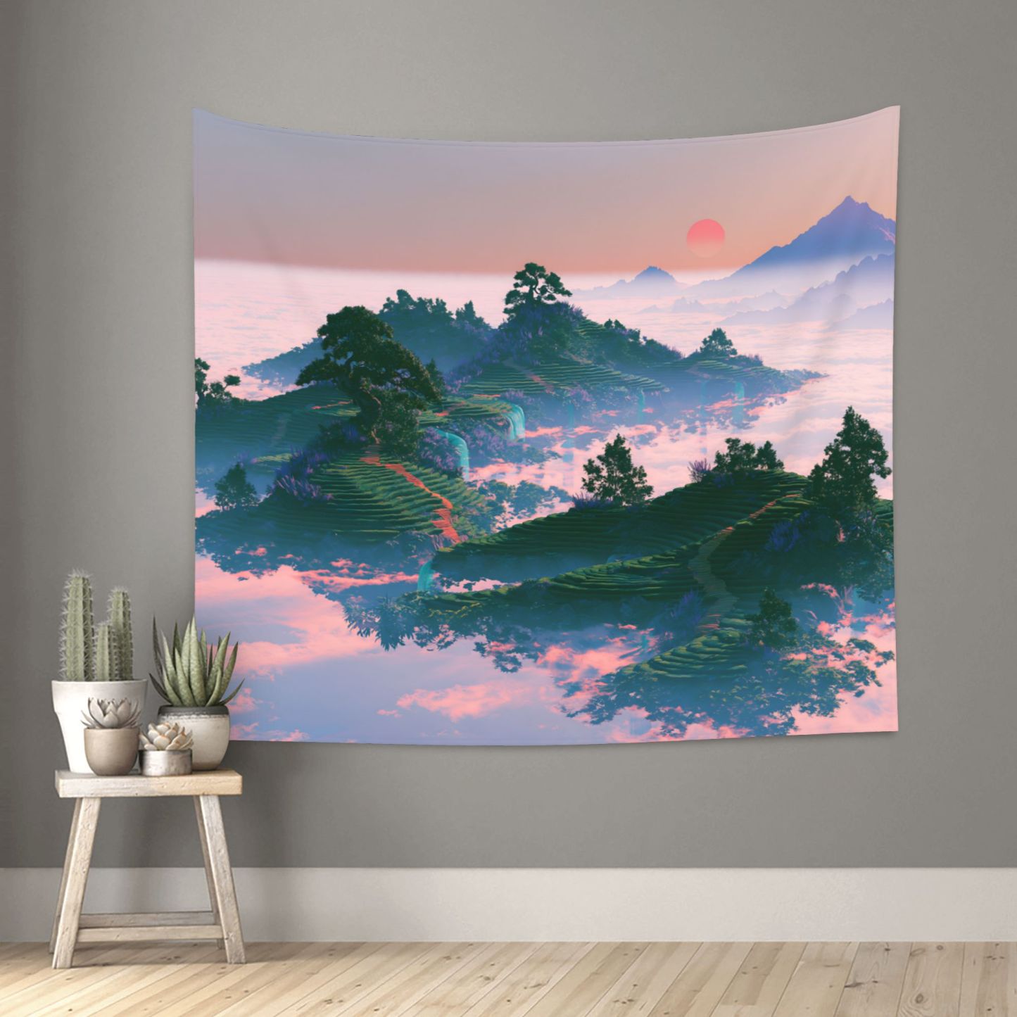 Floating Tea Fields art tapestry in a room — 60 × 50 in, view 1