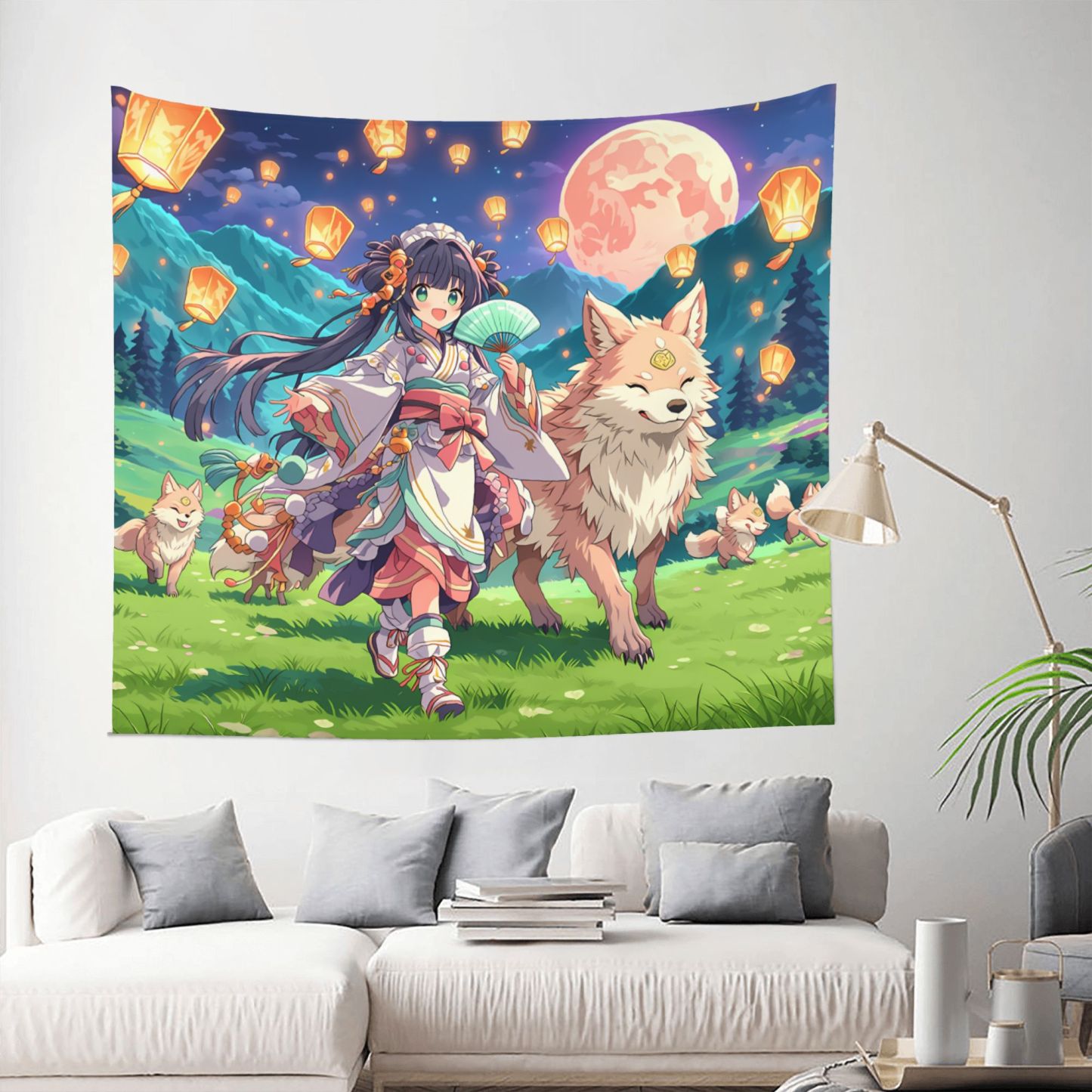 Spirit Fox Lantern Parade art tapestry in a room — 60 × 50 in, view 2