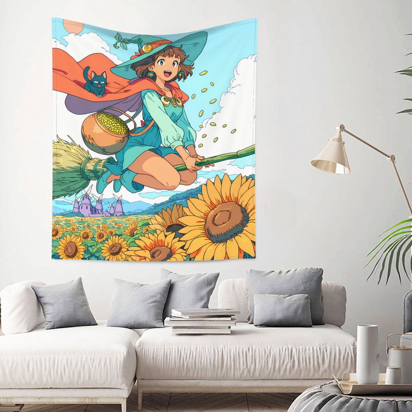 Witch of the Sunflower Sea art tapestry in a room — 50 × 60 in, view 2
