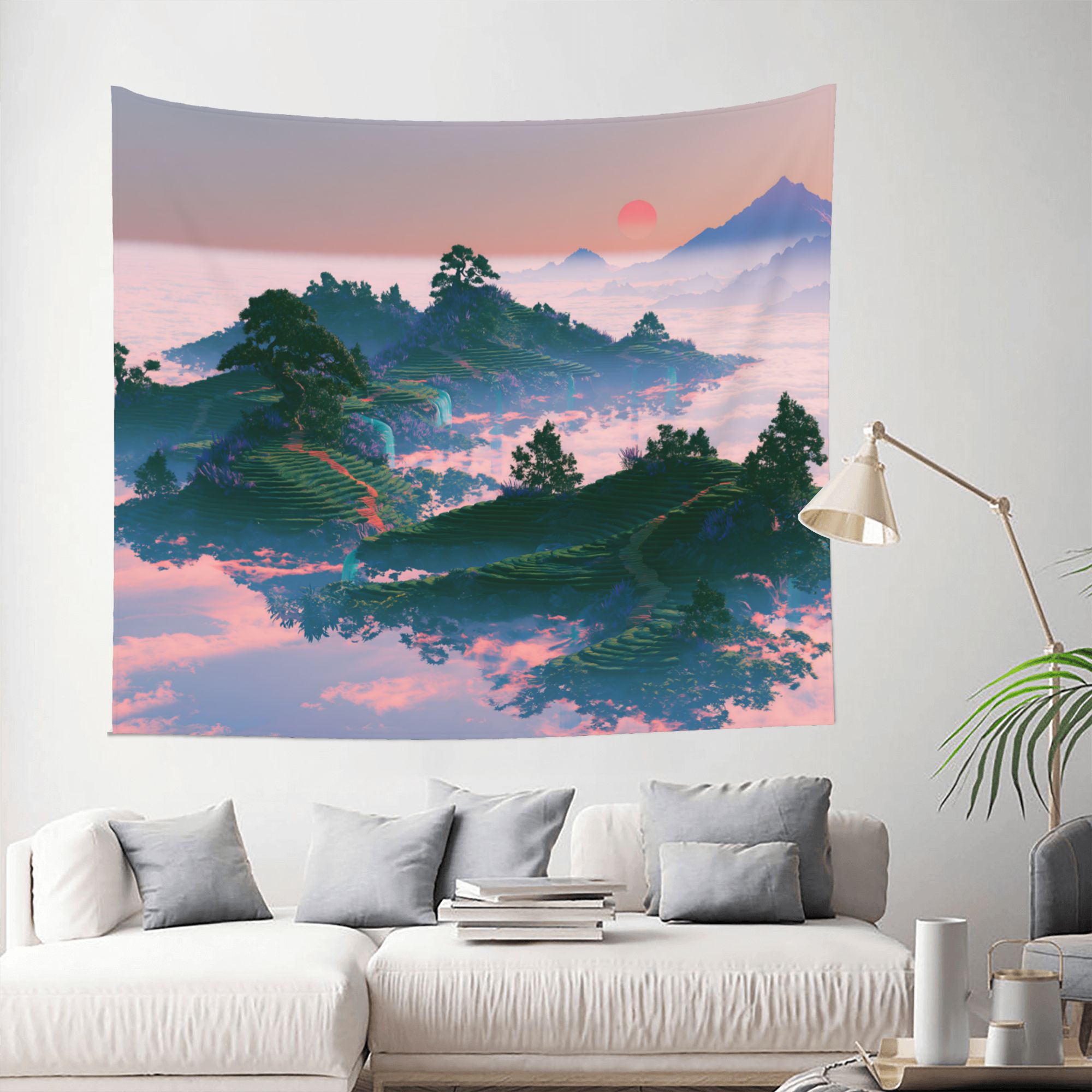 Floating Tea Fields art tapestry in a room — 60 × 50 in, view 2
